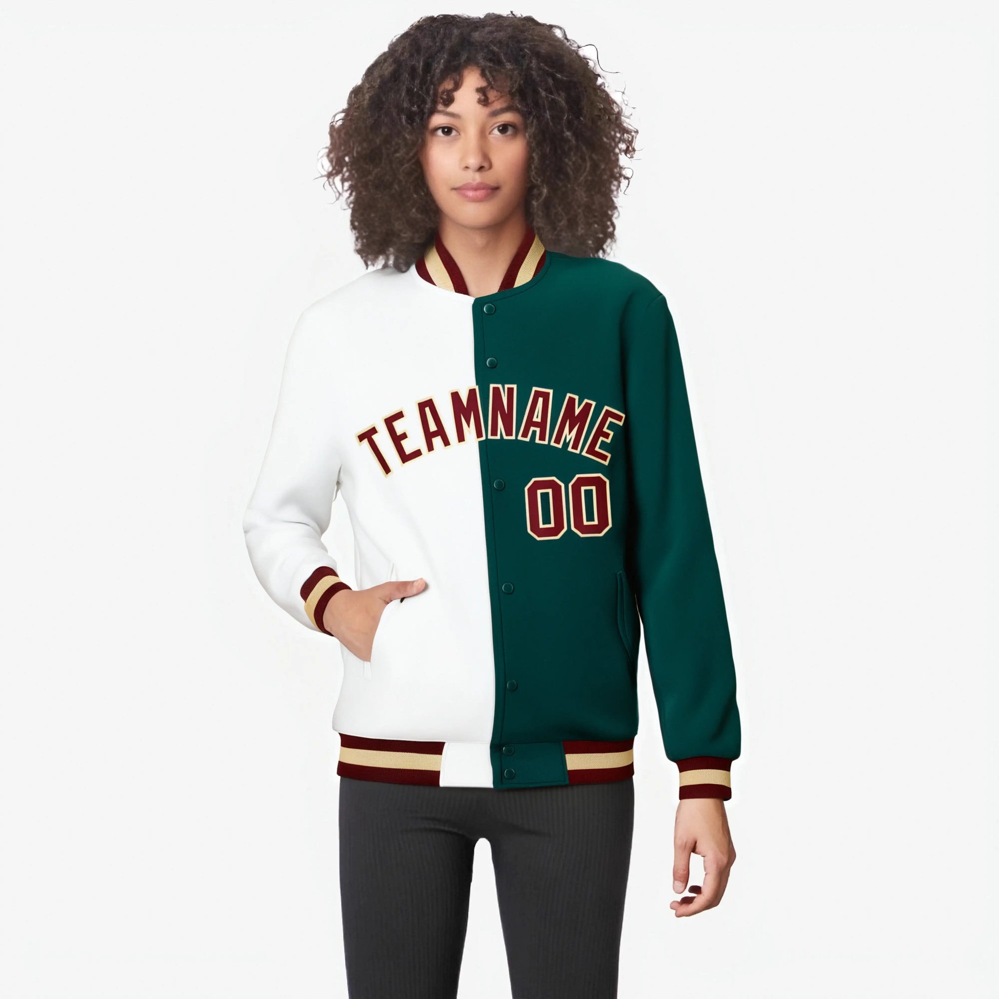 Custom White Midnight-Green Burgundy Bomber Full-Snap Varsity Letterman Split Fashion Jacket