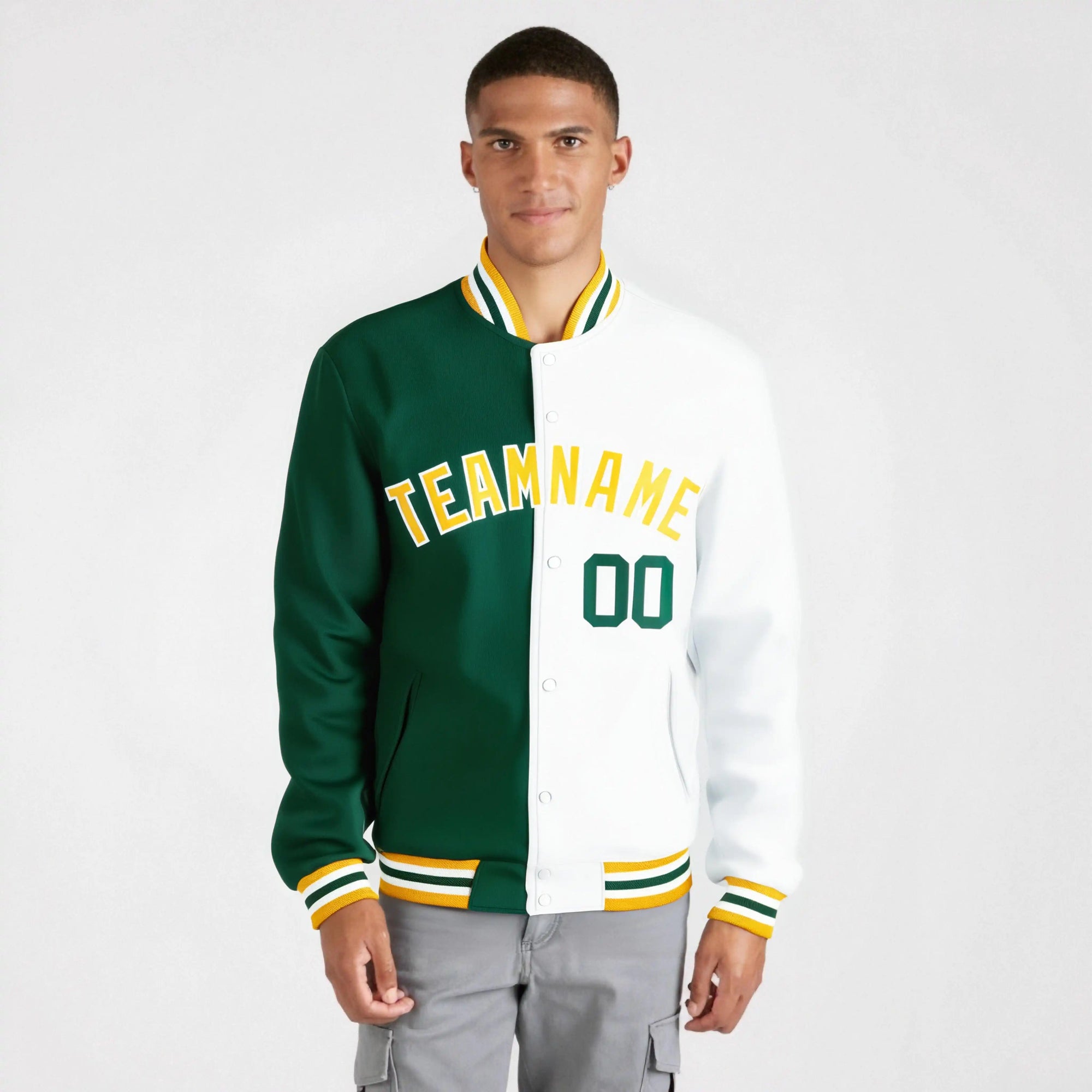 Custom Kelly Green White Gold Bomber Full-Snap Varsity Letterman Split Fashion Jacket