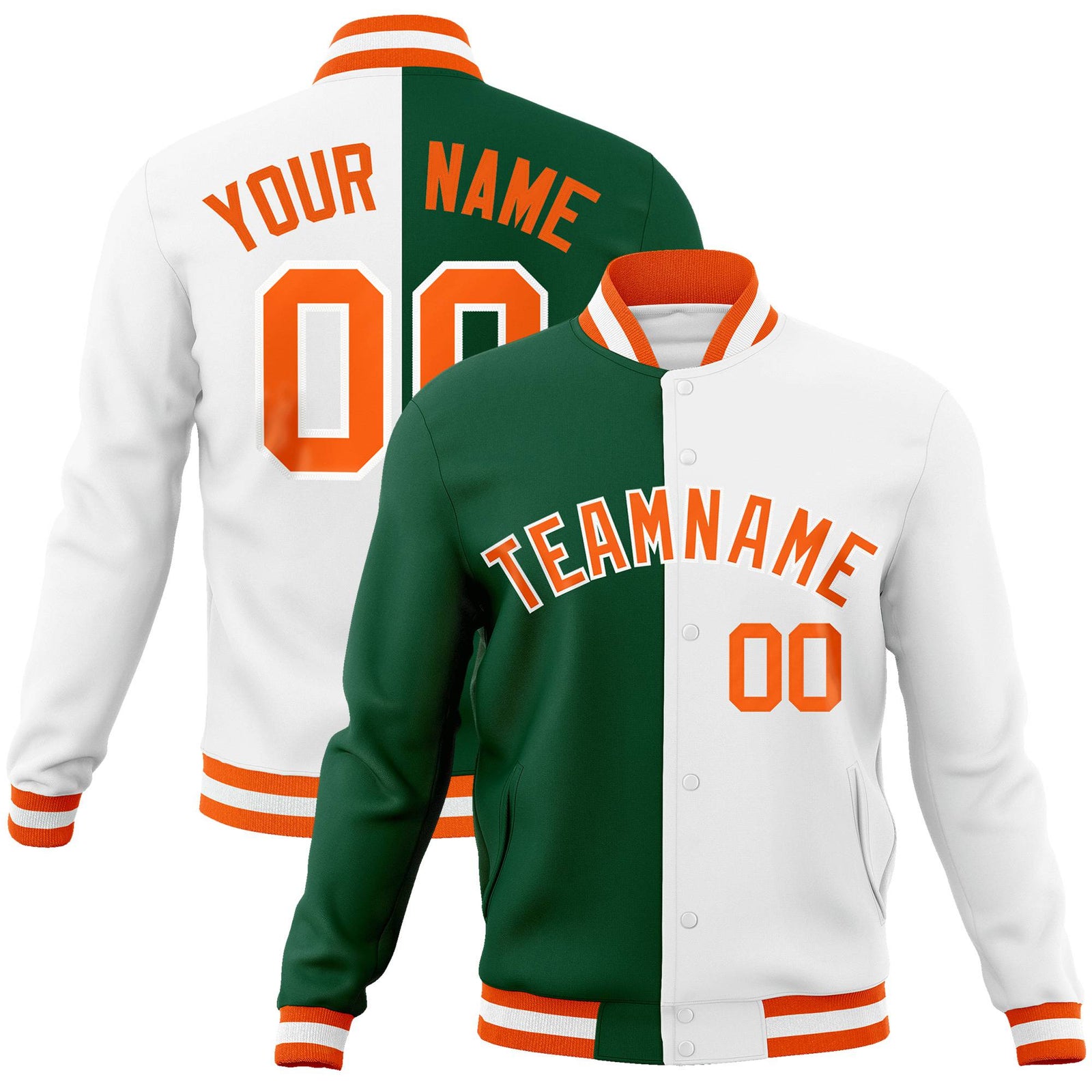 Custom Kelly Green White Orange Bomber Full-Snap Varsity Letterman Split Fashion Jacket
