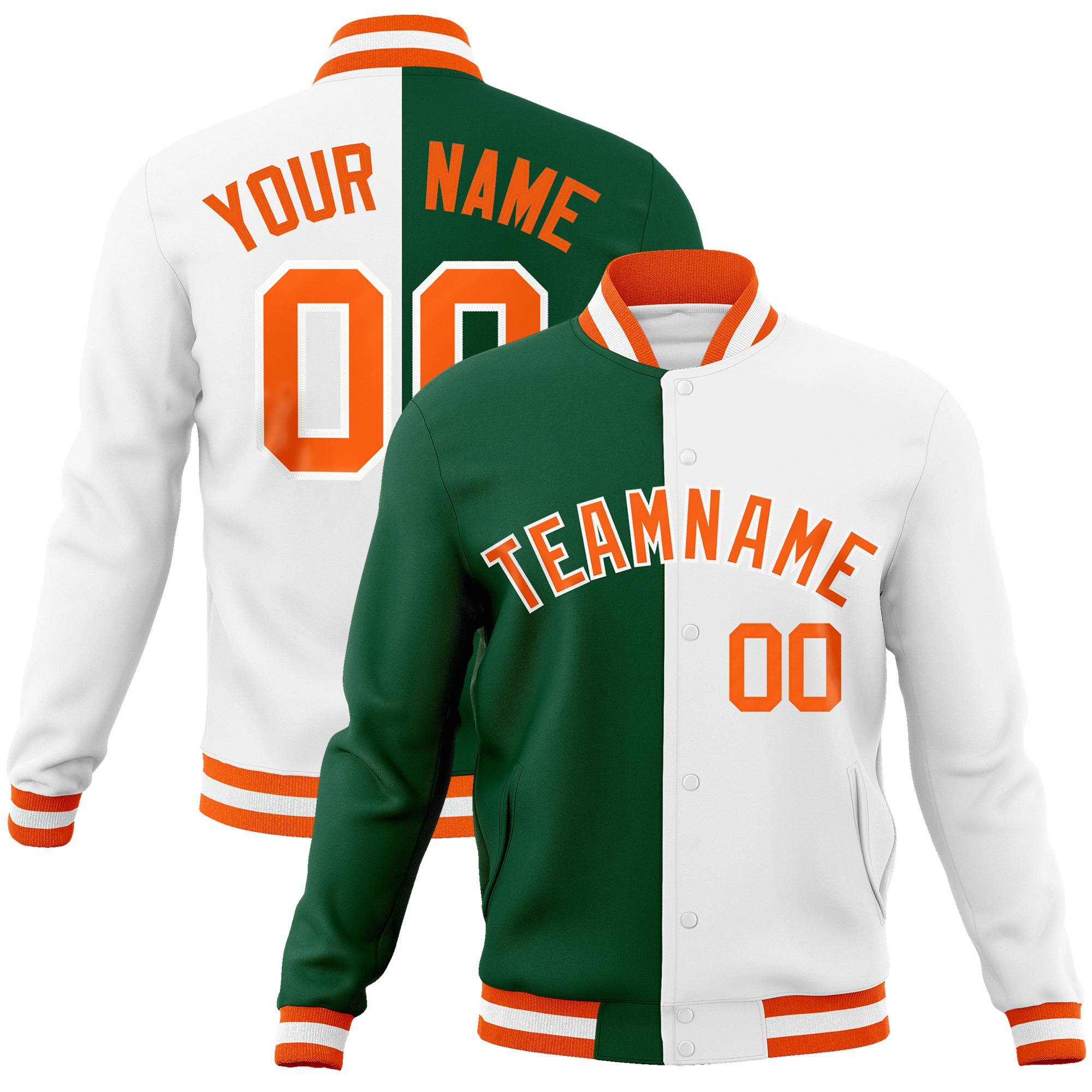 Custom Kelly Green White Orange Bomber Full-Snap Varsity Letterman Split Fashion Jacket