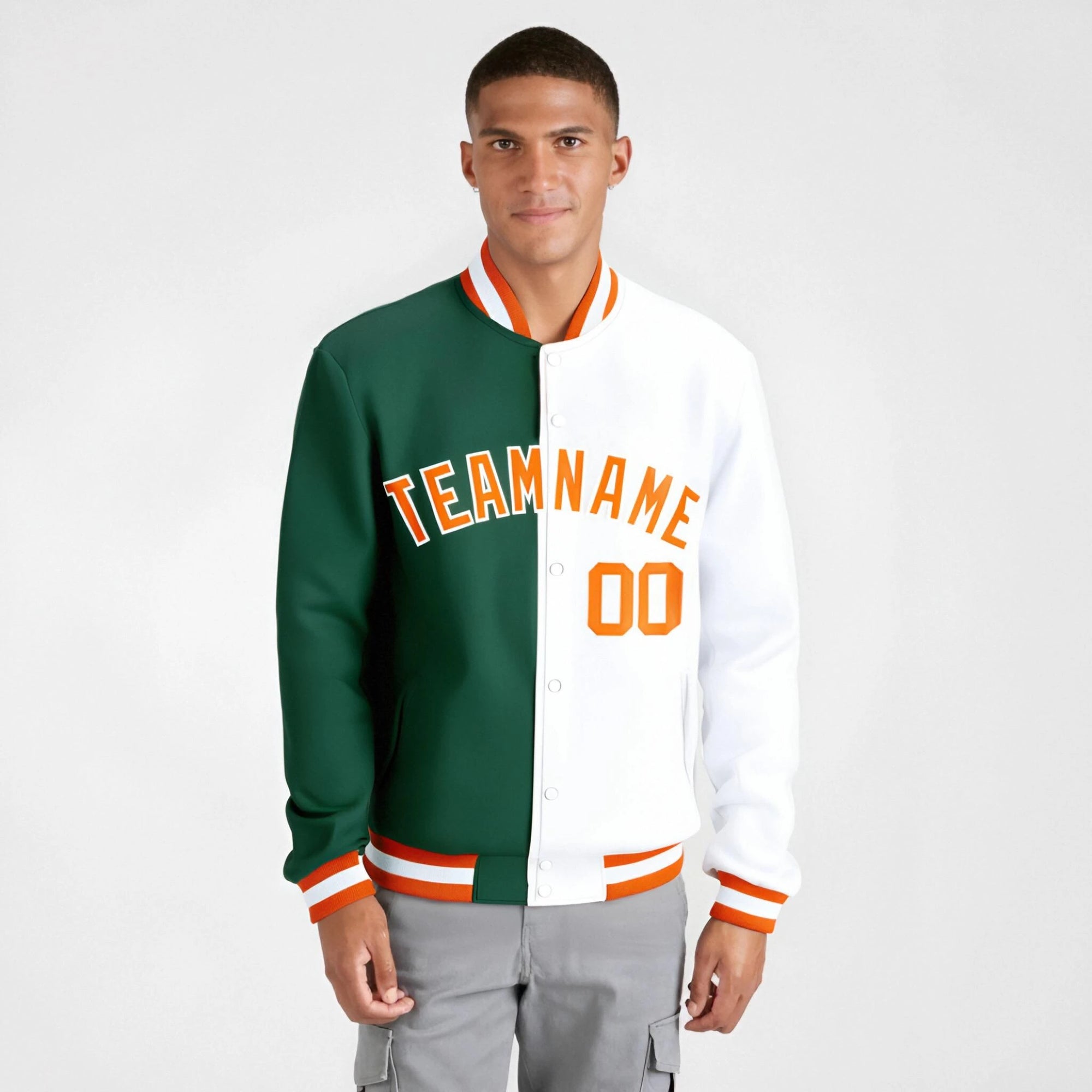 Custom Kelly Green White Orange Bomber Full-Snap Varsity Letterman Split Fashion Jacket