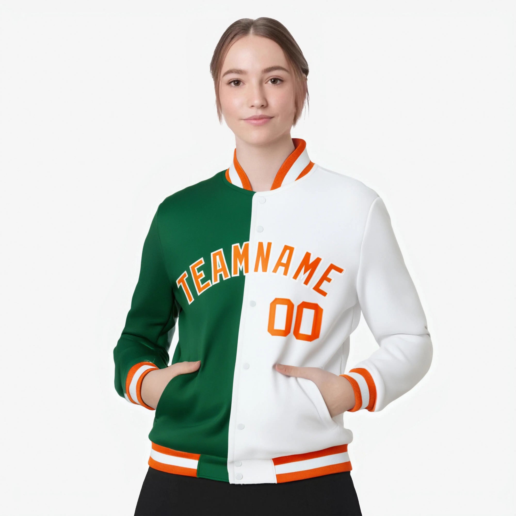 Custom Kelly Green White Orange Bomber Full-Snap Varsity Letterman Split Fashion Jacket