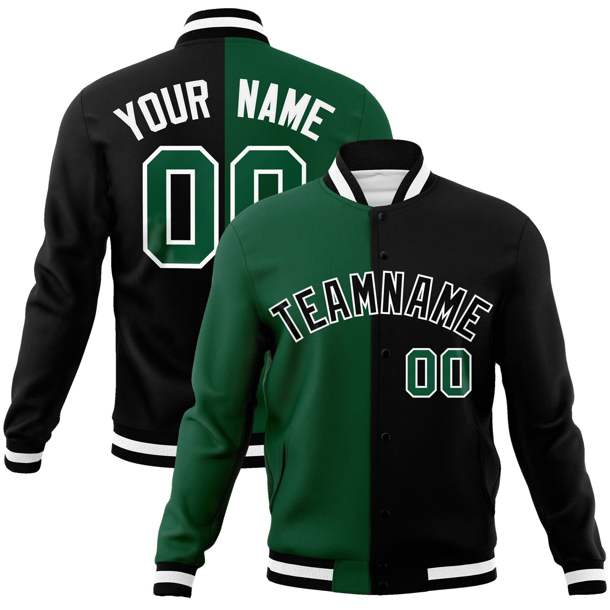 Custom Kelly Green Black White Bomber Full-Snap Varsity Letterman Split Fashion Jacket