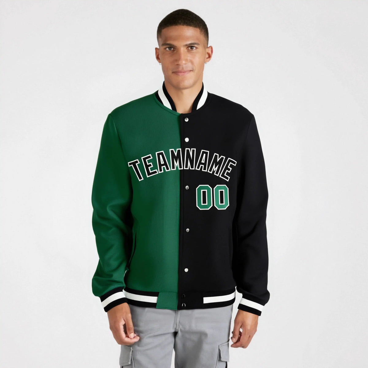 Custom Kelly Green Black White Bomber Full-Snap Varsity Letterman Split Fashion Jacket