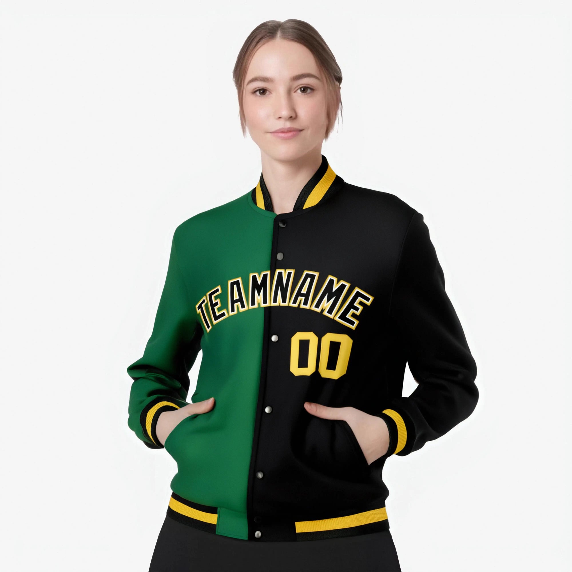 Custom Kelly Green Black Gold Bomber Full-Snap Varsity Letterman Split Fashion Jacket