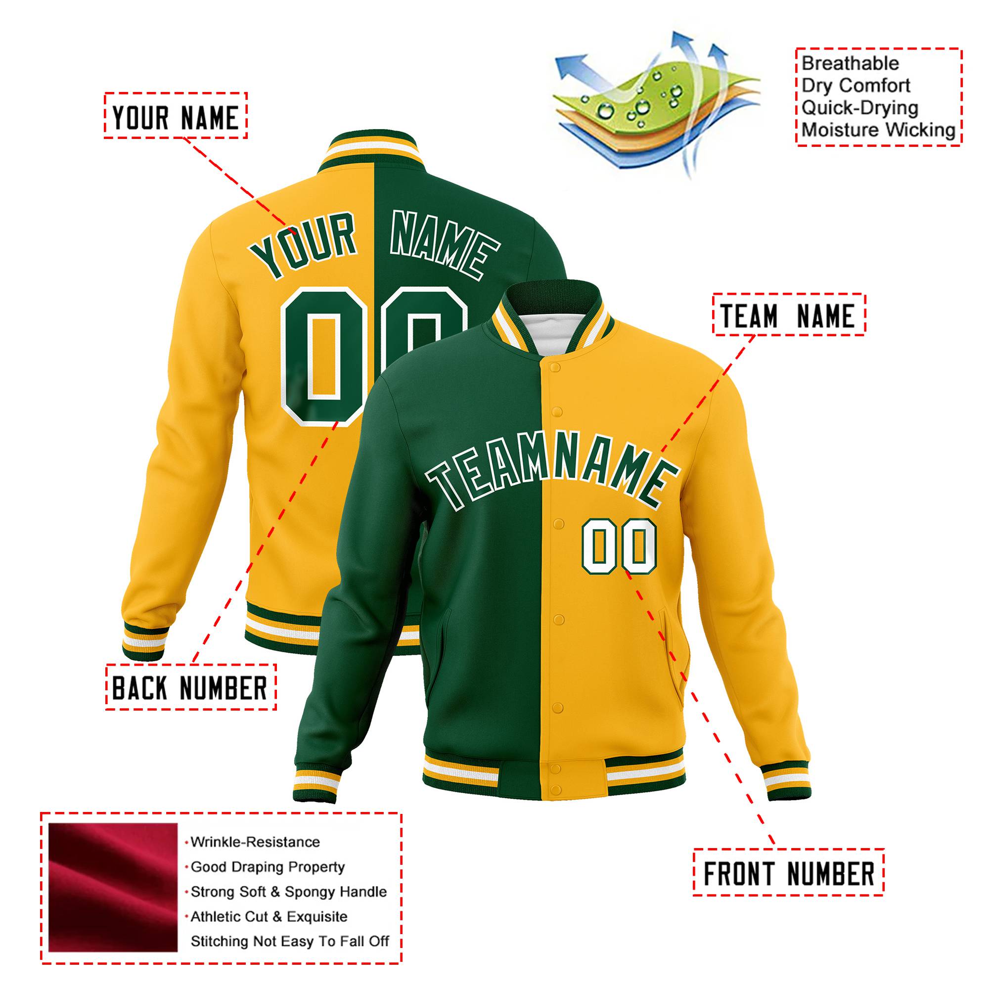 Custom Kelly Green Gold-White Bomber Full-Snap Varsity Letterman Split Fashion Jacket