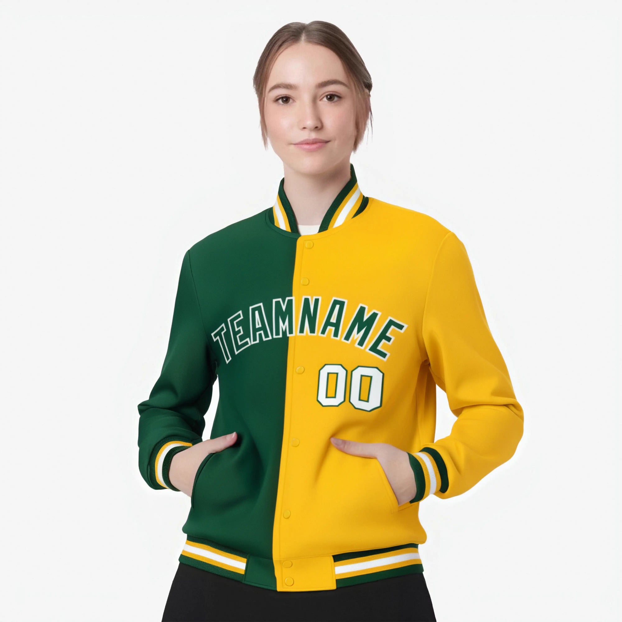 Custom Kelly Green Gold-White Bomber Full-Snap Varsity Letterman Split Fashion Jacket