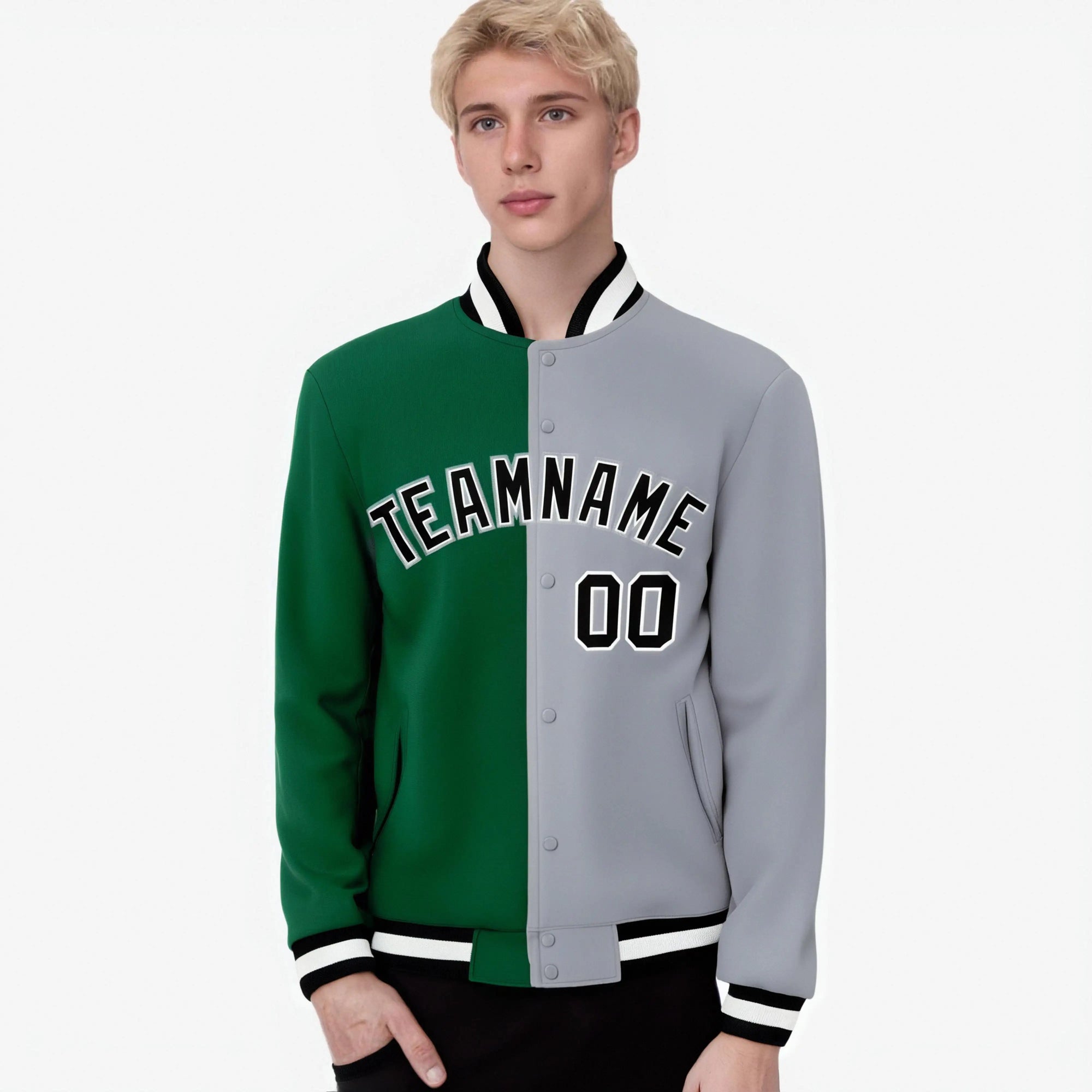 Custom Kelly Green Gray-Black Bomber Full-Snap Varsity Letterman Split Fashion Jacket