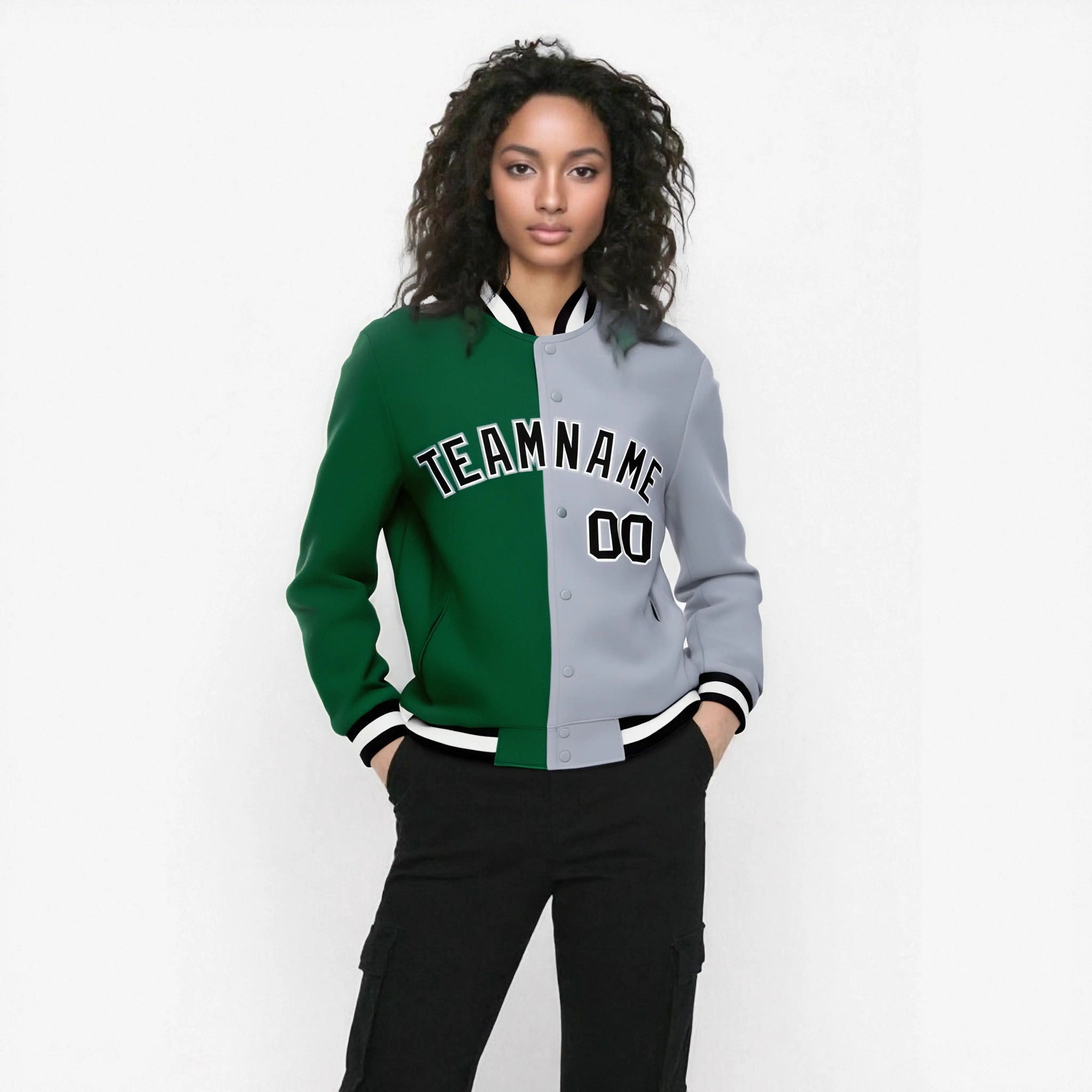 Custom Kelly Green Gray-Black Bomber Full-Snap Varsity Letterman Split Fashion Jacket