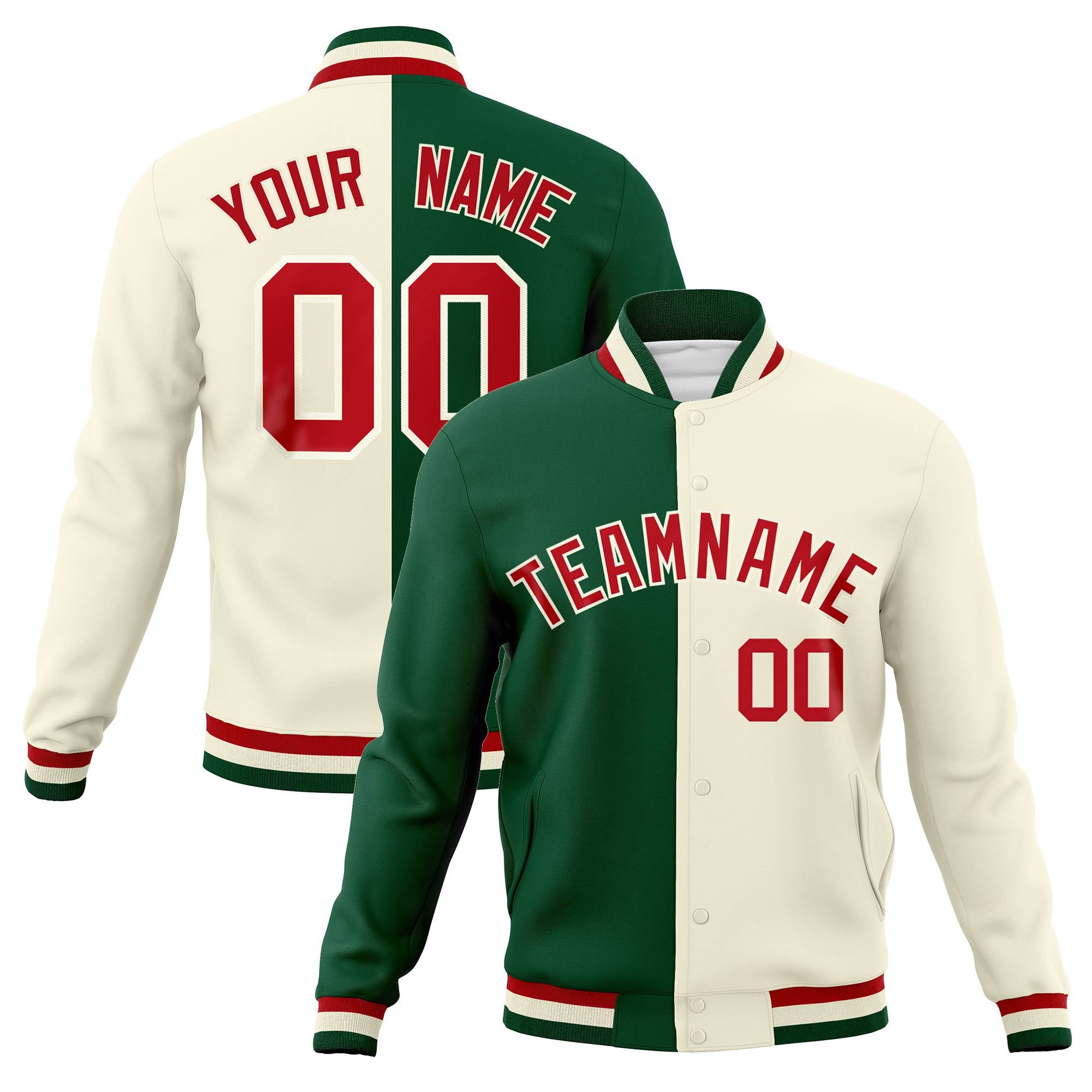 Custom Kelly Green Cream-Red Bomber Full-Snap Varsity Letterman Split Fashion Jacket