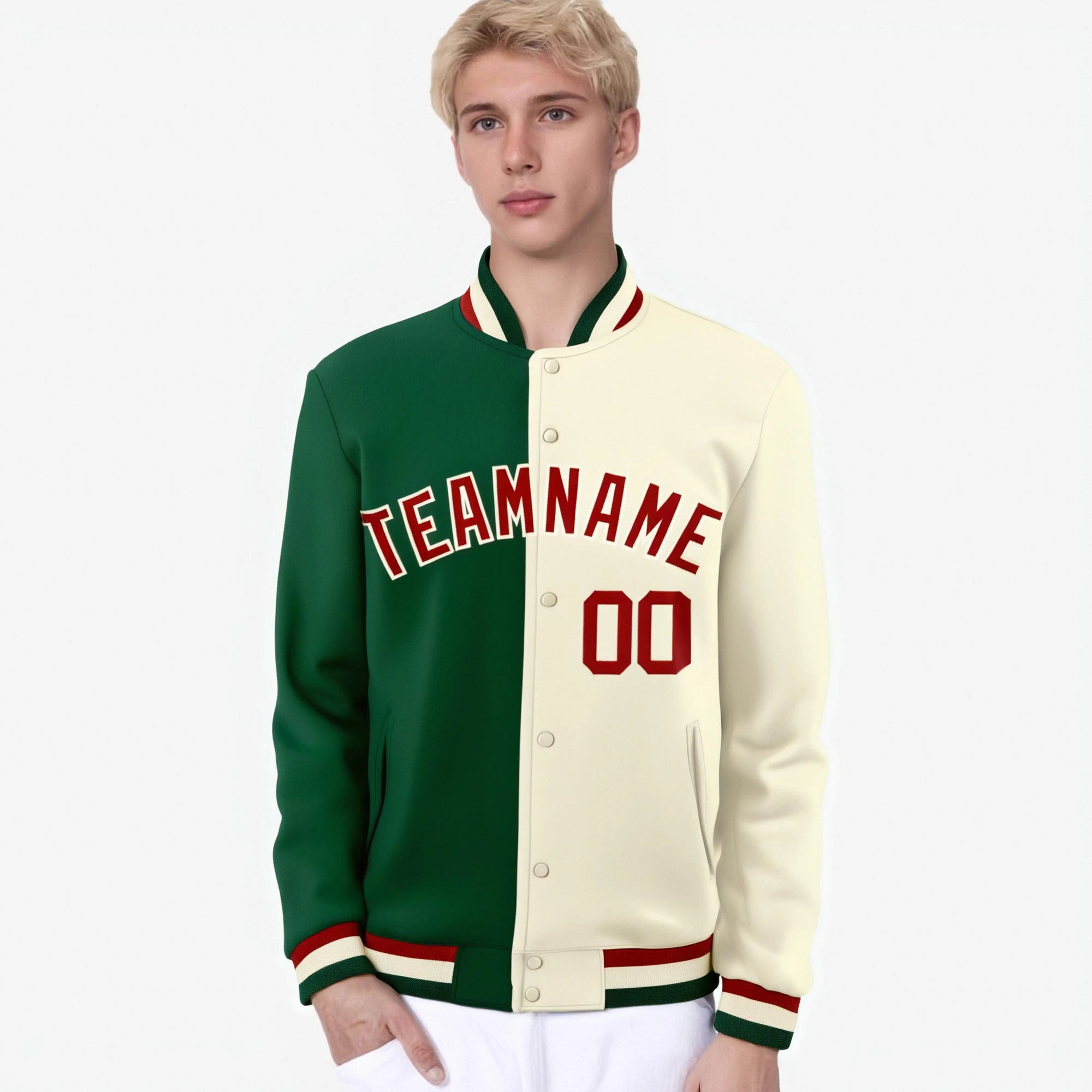 Custom Kelly Green Cream-Red Bomber Full-Snap Varsity Letterman Split Fashion Jacket