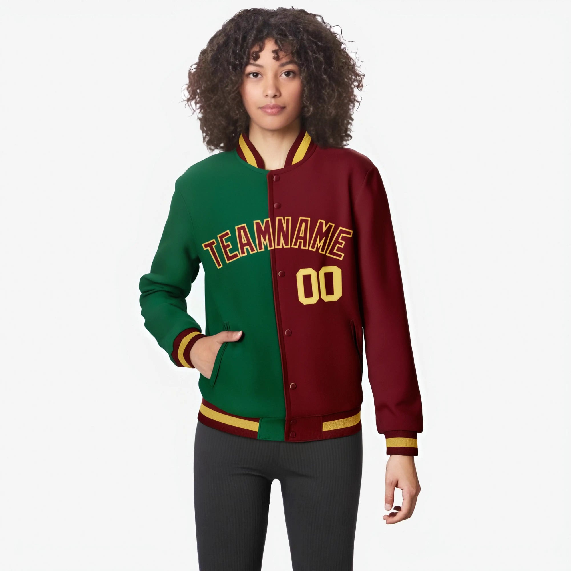 Custom Kelly Green Burgundy-Gold Bomber Full-Snap Varsity Letterman Split Fashion Jacket