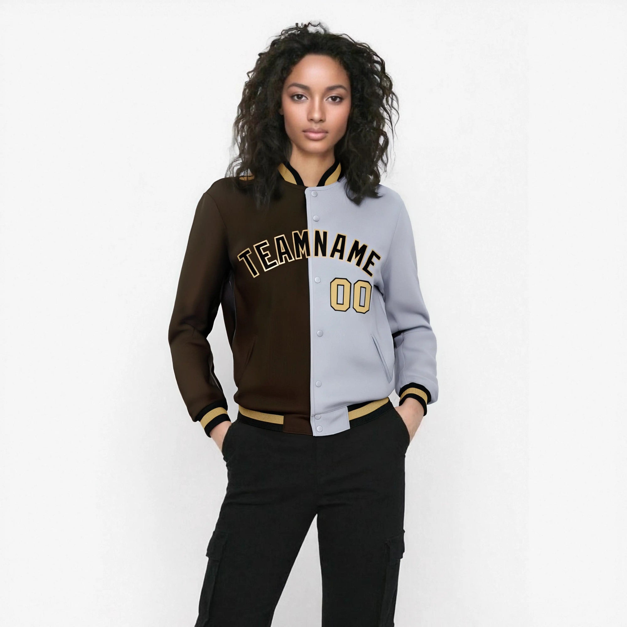 Custom Brown Gray Old-Gold Bomber Full-Snap Varsity Letterman Split Fashion Jacket