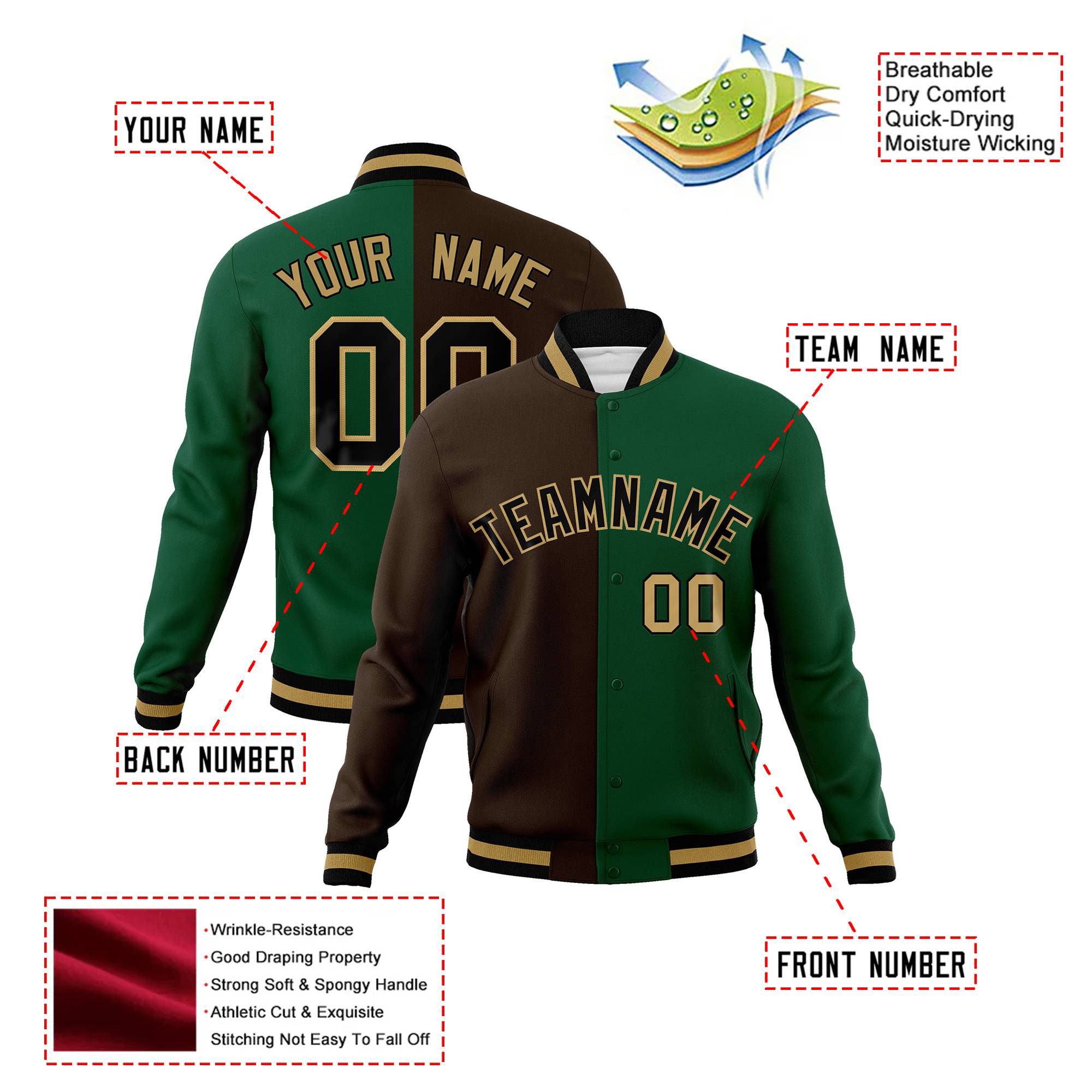 Custom Olive Kelly-Green Old-Gold Bomber Full-Snap Varsity Letterman Split Fashion Jacket