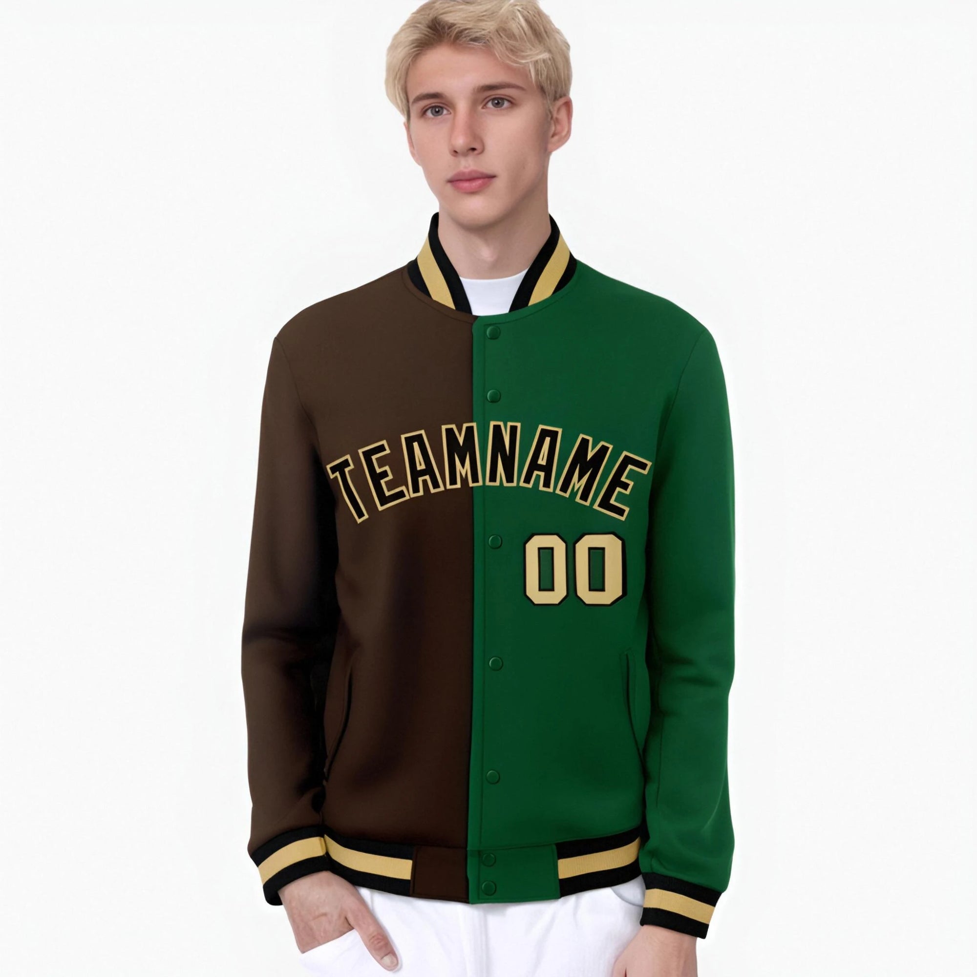 Custom Olive Kelly-Green Old-Gold Bomber Full-Snap Varsity Letterman Split Fashion Jacket