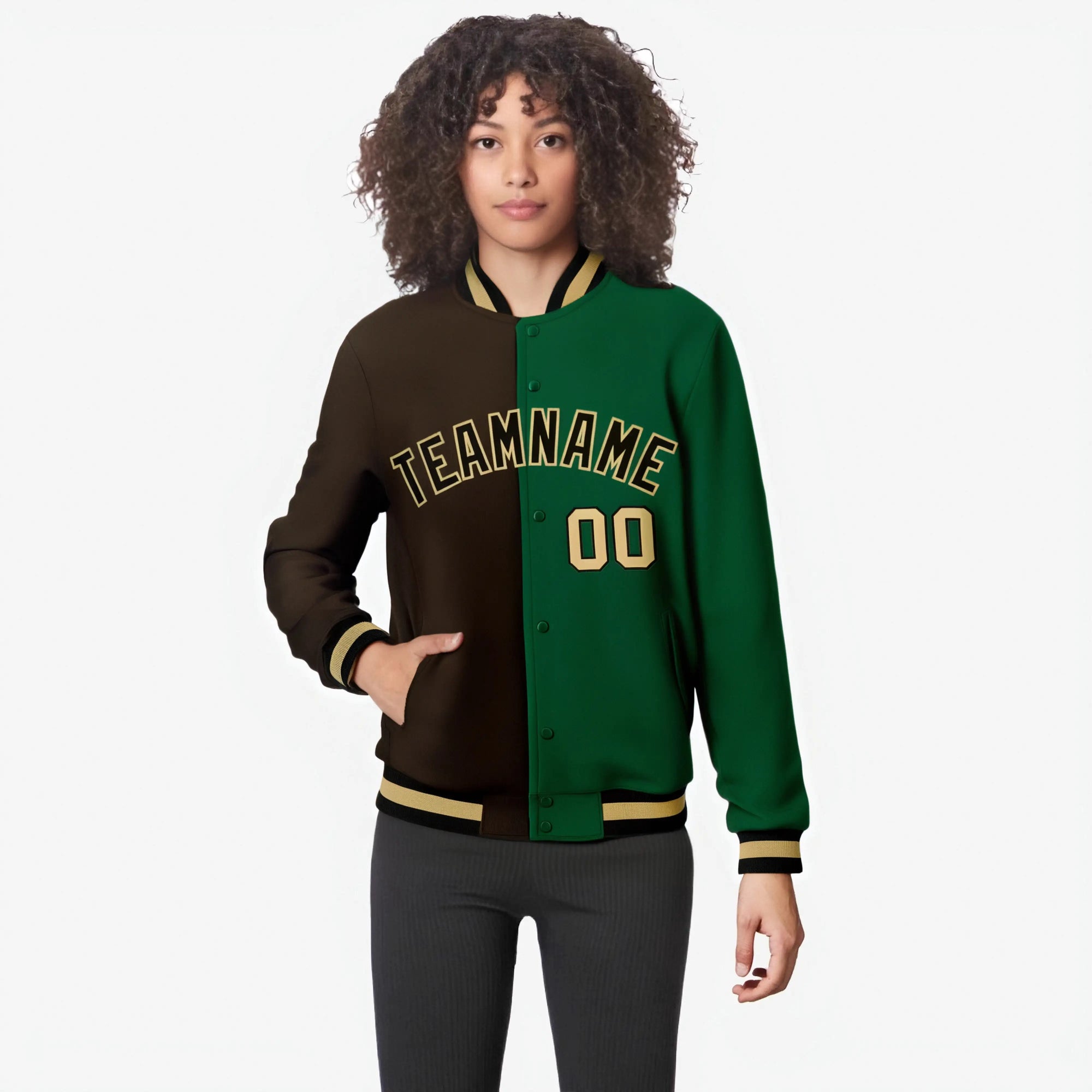 Custom Olive Kelly-Green Old-Gold Bomber Full-Snap Varsity Letterman Split Fashion Jacket