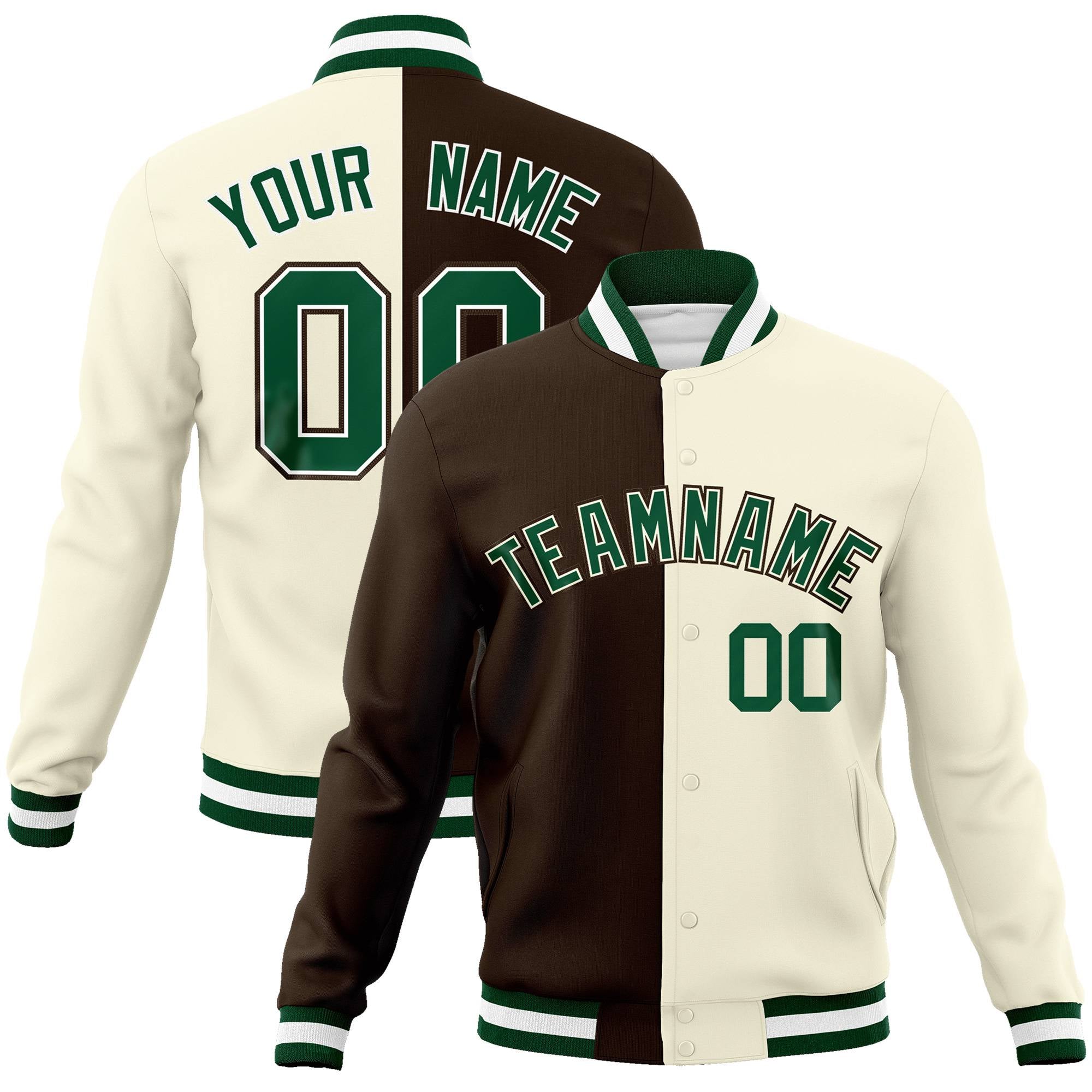 Custom Olive Cream Kelly-Green Bomber Full-Snap Varsity Letterman Split Fashion Jacket