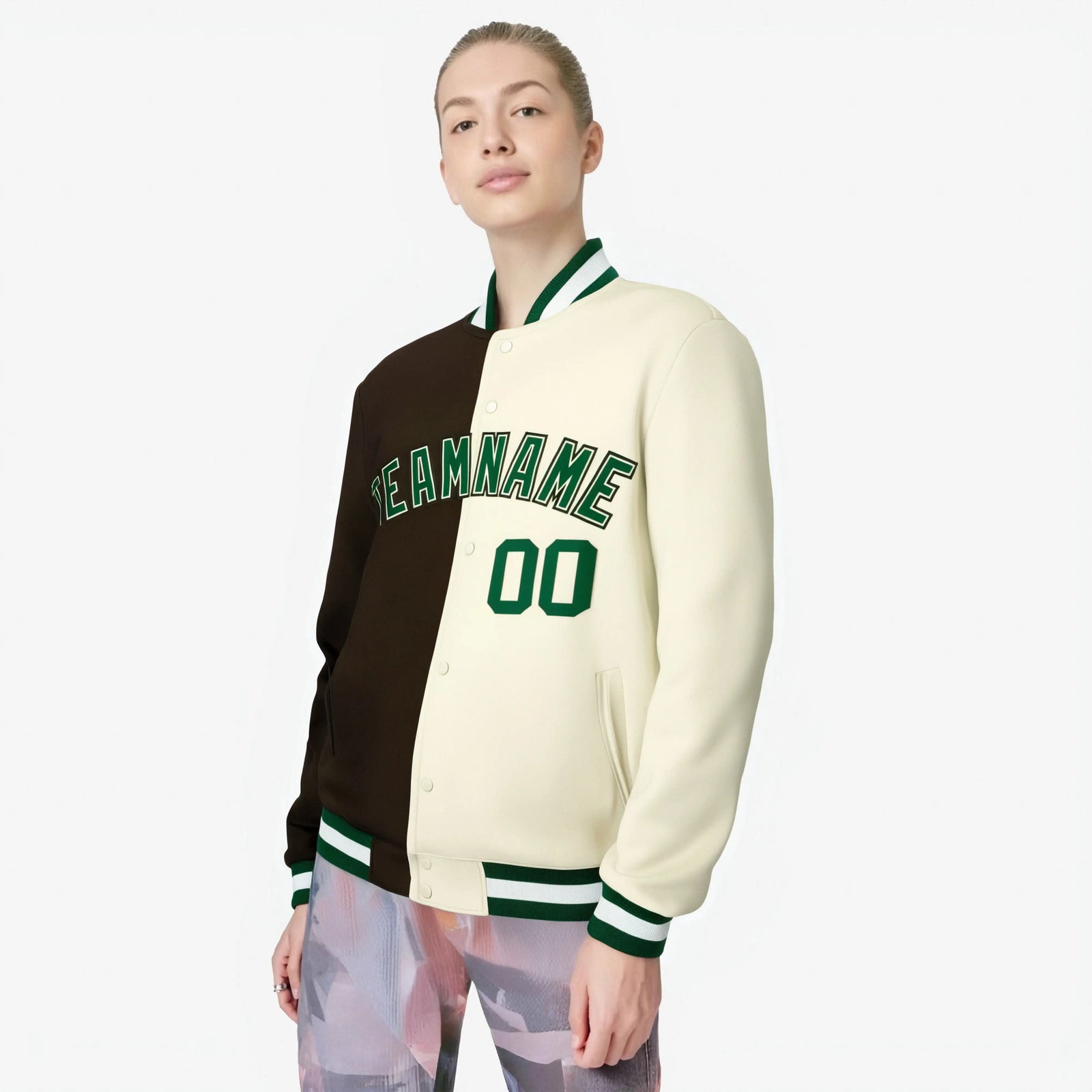 Custom Olive Cream Kelly-Green Bomber Full-Snap Varsity Letterman Split Fashion Jacket