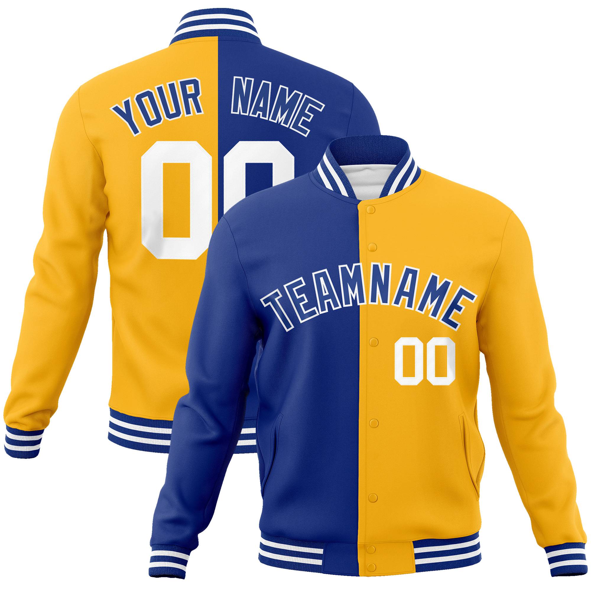 Custom Thunder-Blue Yellow White Bomber Full-Snap Varsity Letterman Split Fashion Jacket