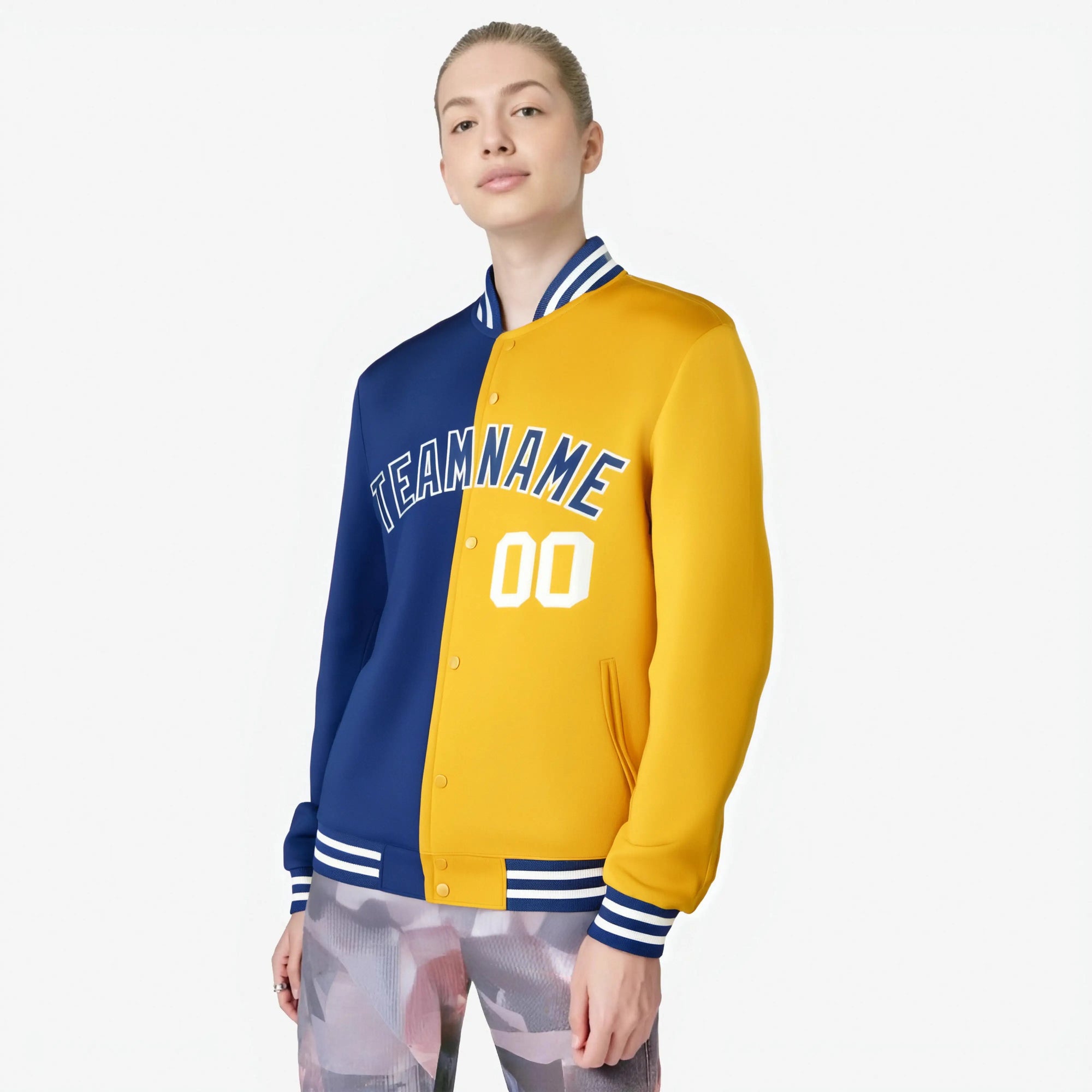 Custom Thunder-Blue Yellow White Bomber Full-Snap Varsity Letterman Split Fashion Jacket