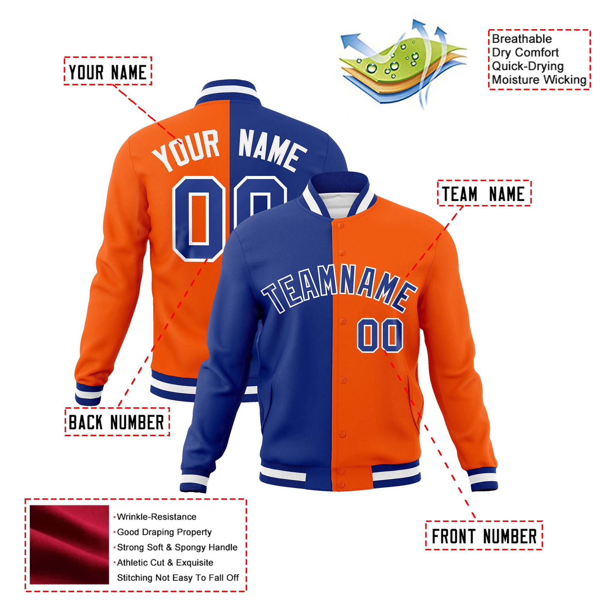 Custom Thunder-Blue Orange White Bomber Full-Snap Varsity Letterman Split Fashion Jacket