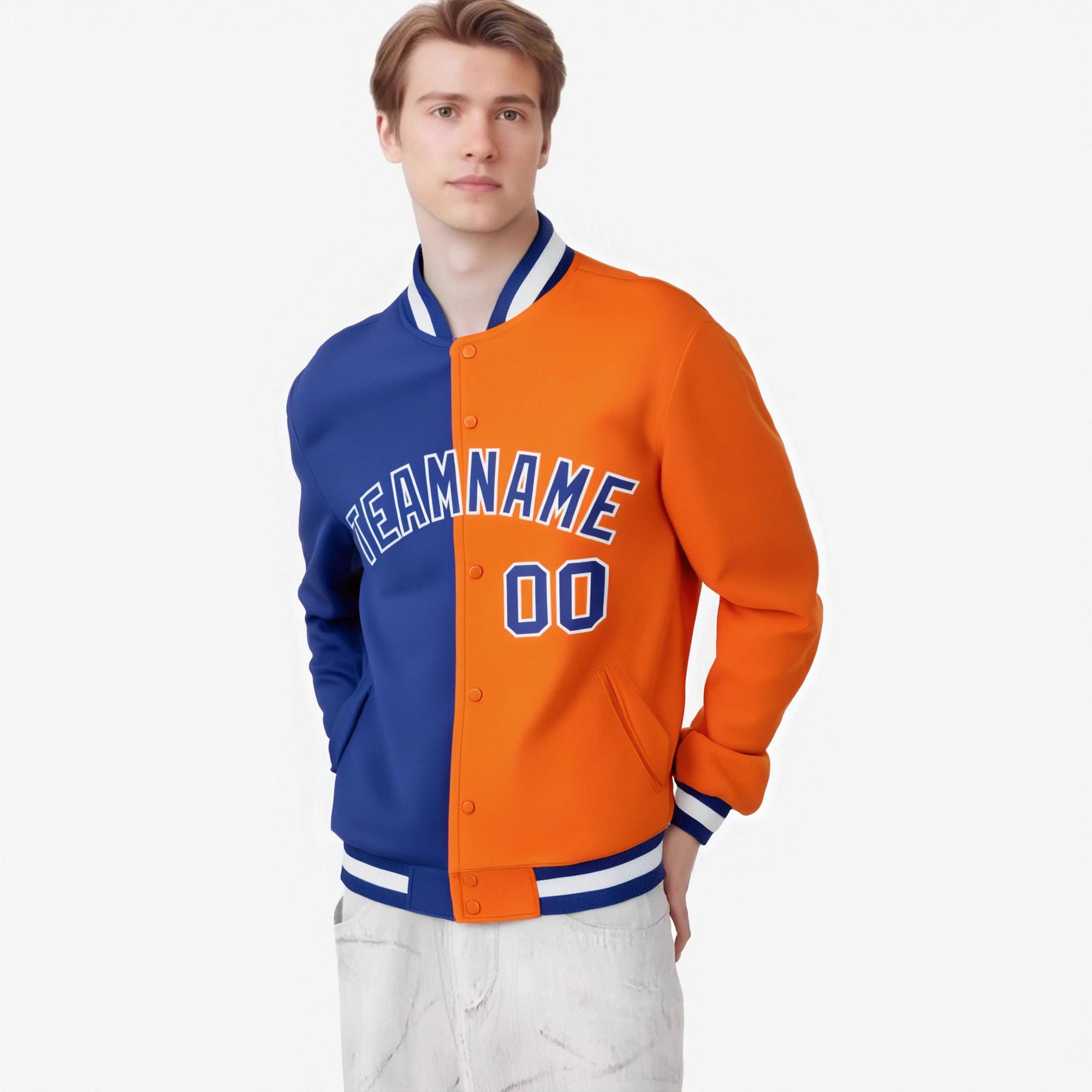 Custom Thunder-Blue Orange White Bomber Full-Snap Varsity Letterman Split Fashion Jacket