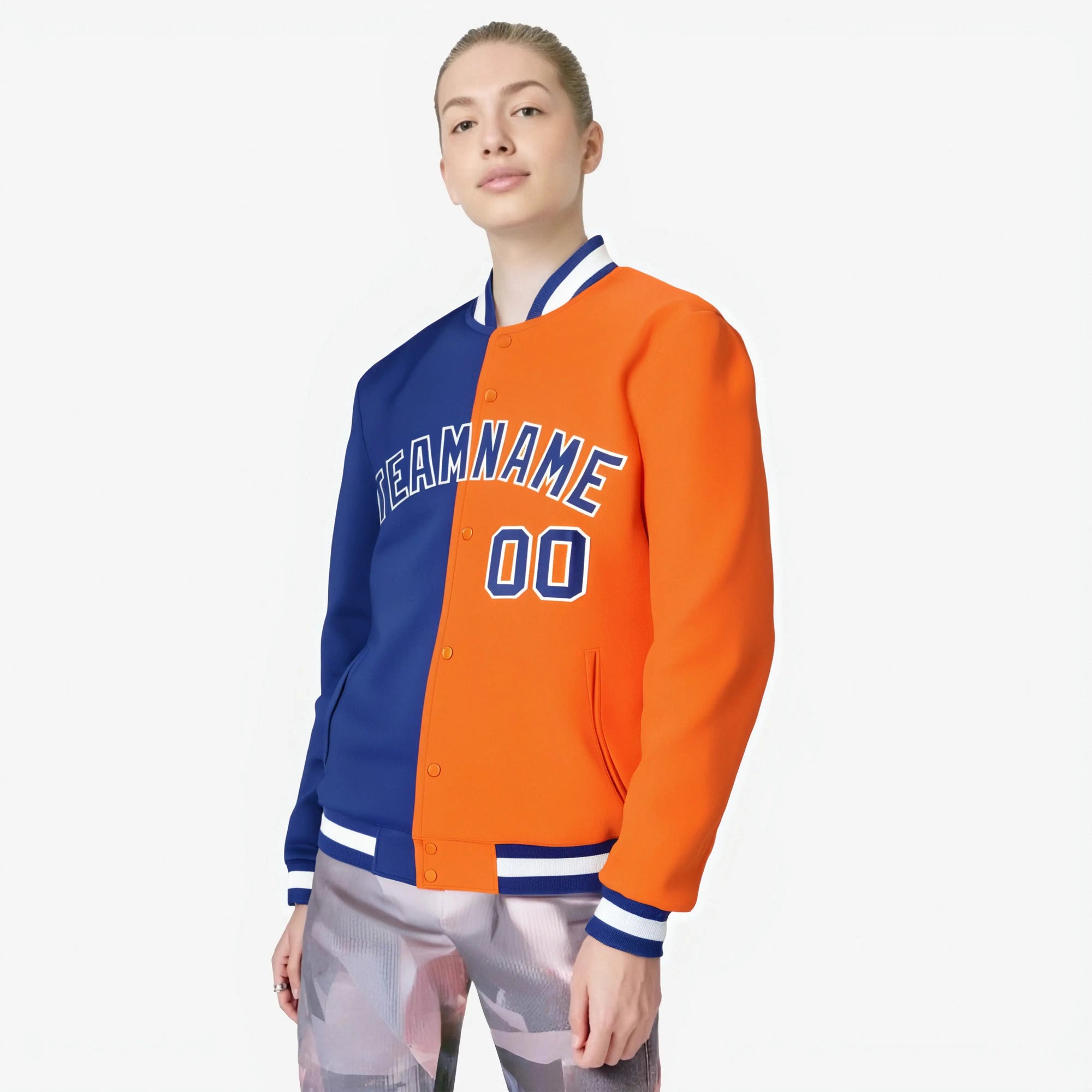 Custom Thunder-Blue Orange White Bomber Full-Snap Varsity Letterman Split Fashion Jacket