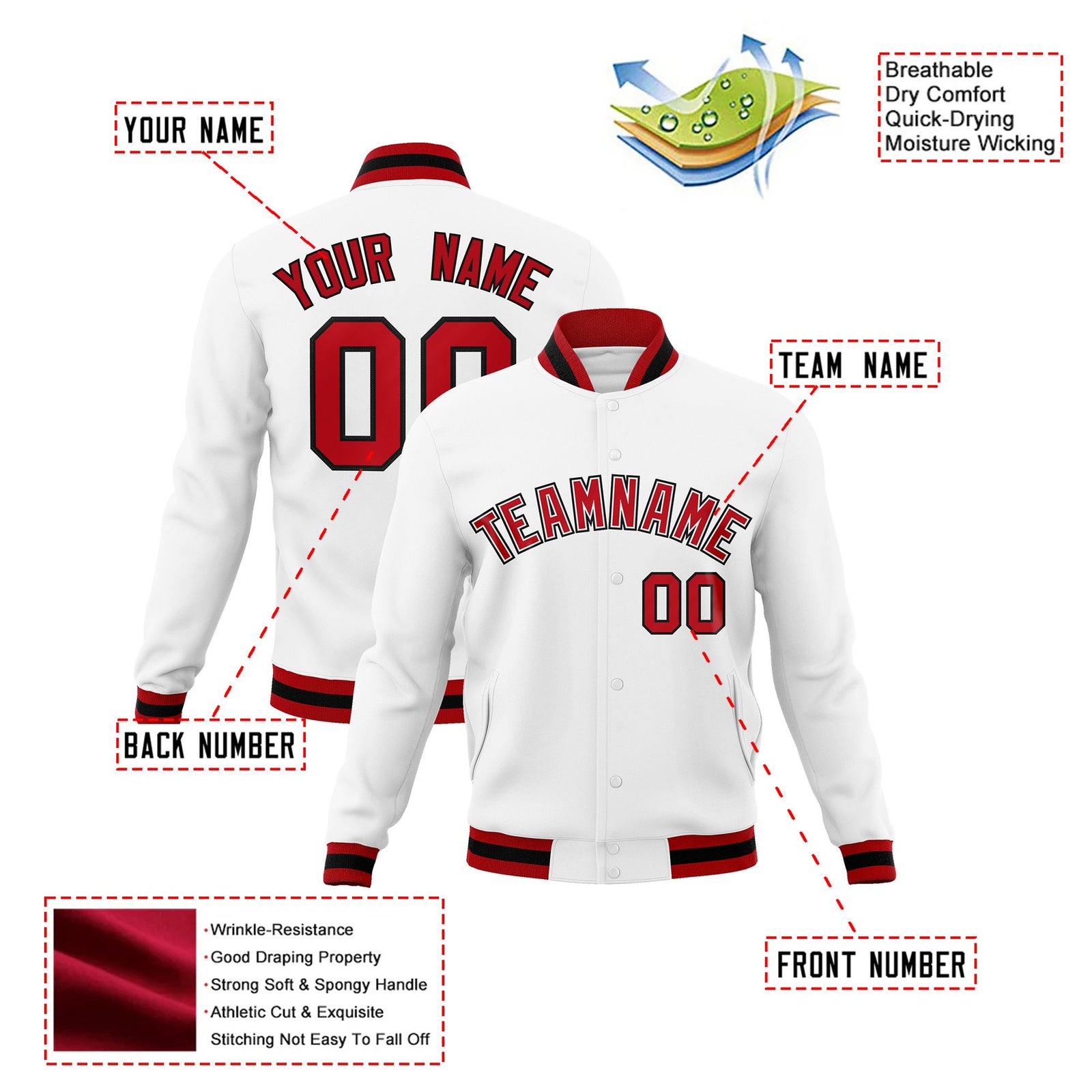 Custom White- Red-Black Bomber Full-Snap Varsity Letterman Jacket