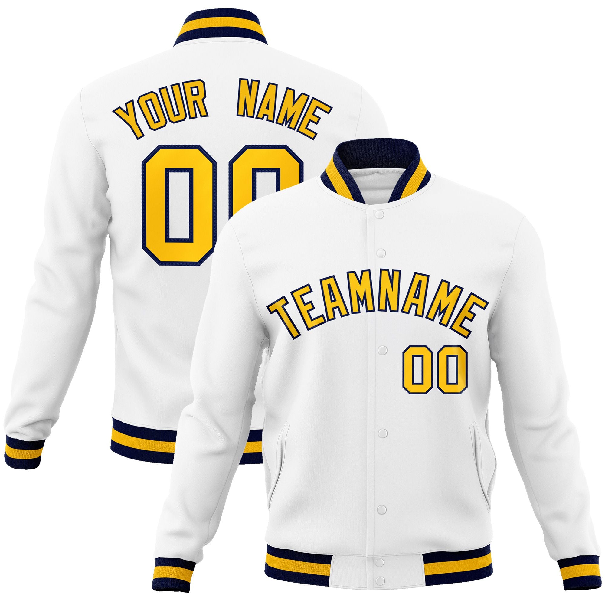 Custom White- Gold-Navy Bomber Full-Snap Varsity Letterman Jacket