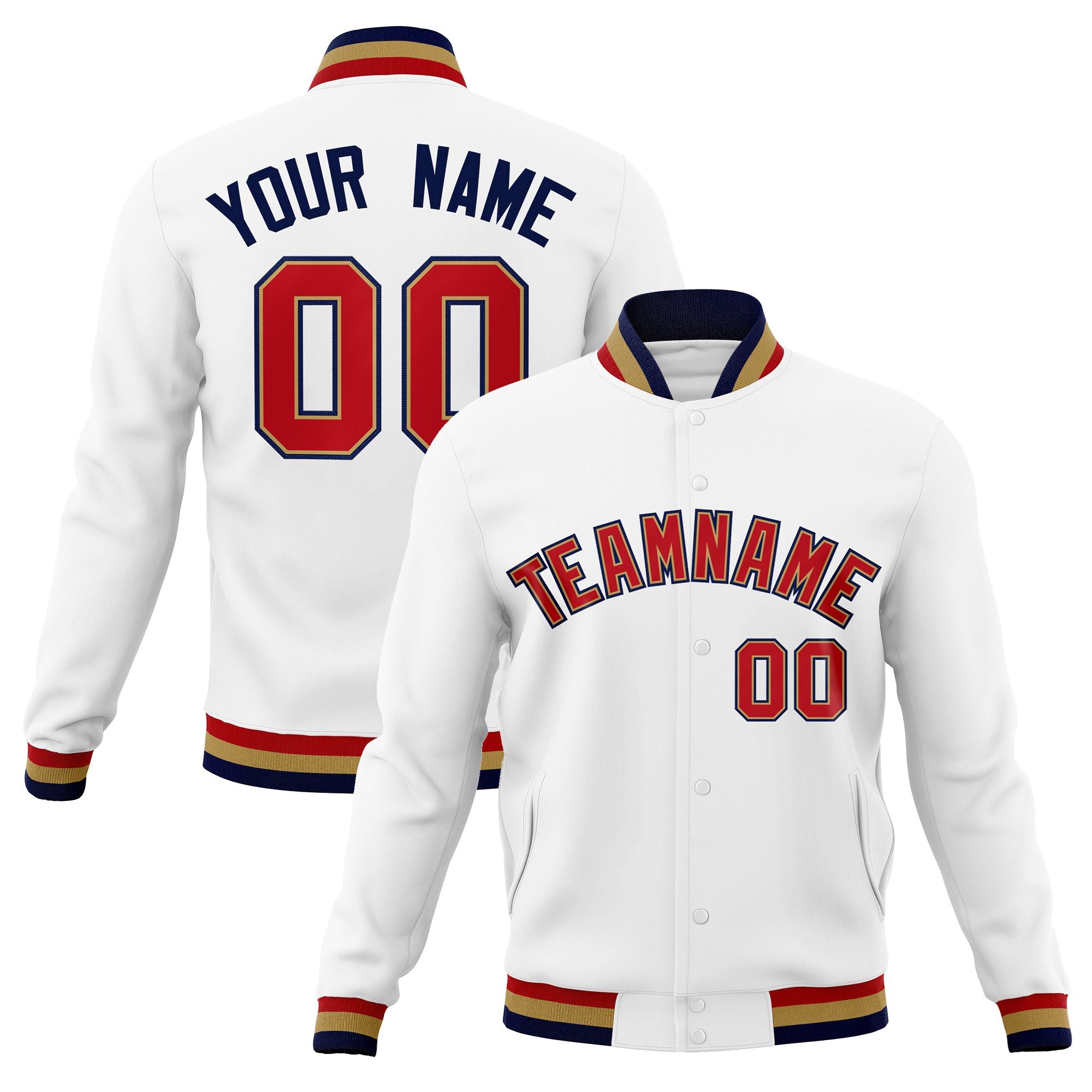 Custom White- Red-Navy Bomber Full-Snap Varsity Letterman Jacket