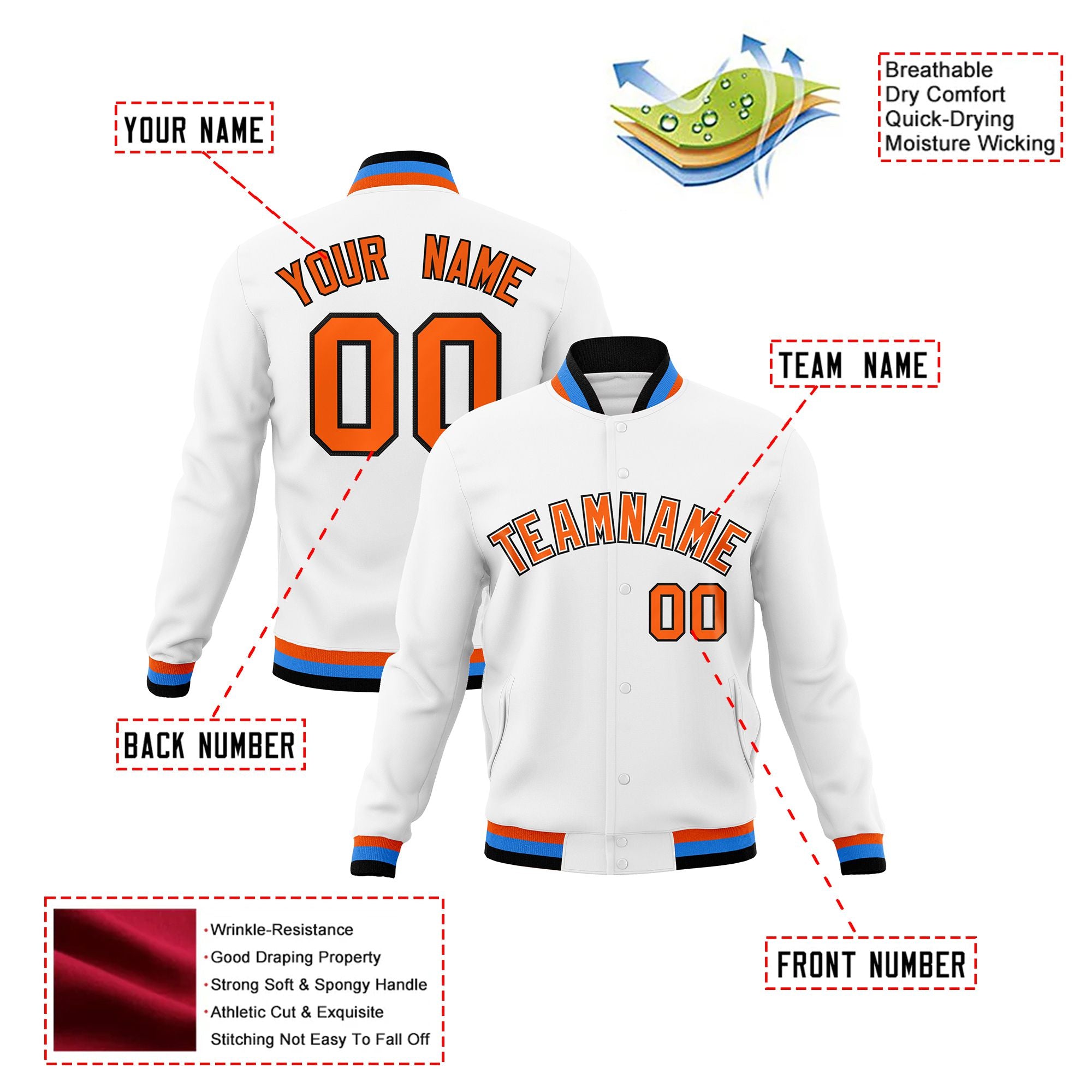 Custom White- Orange-Powder Blue Bomber Full-Snap Varsity Letterman Jacket