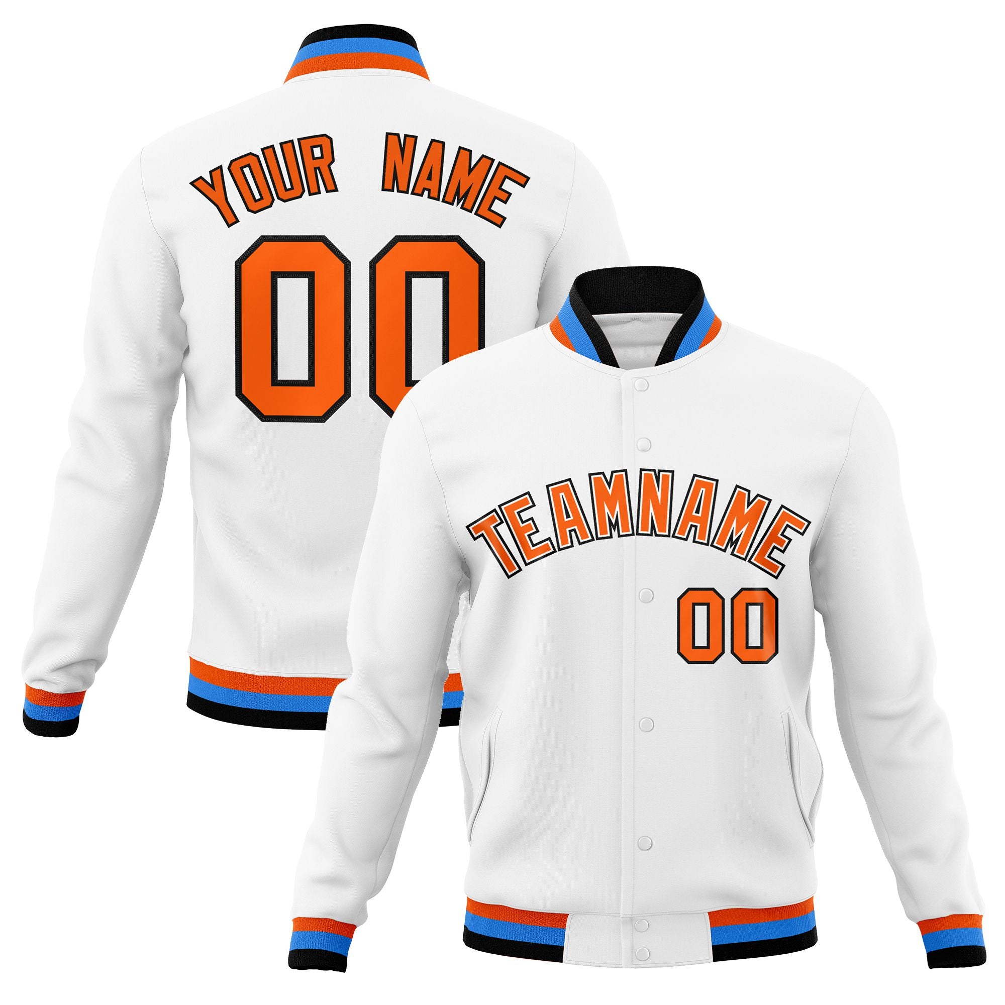 Custom White- Orange-Powder Blue Bomber Full-Snap Varsity Letterman Jacket