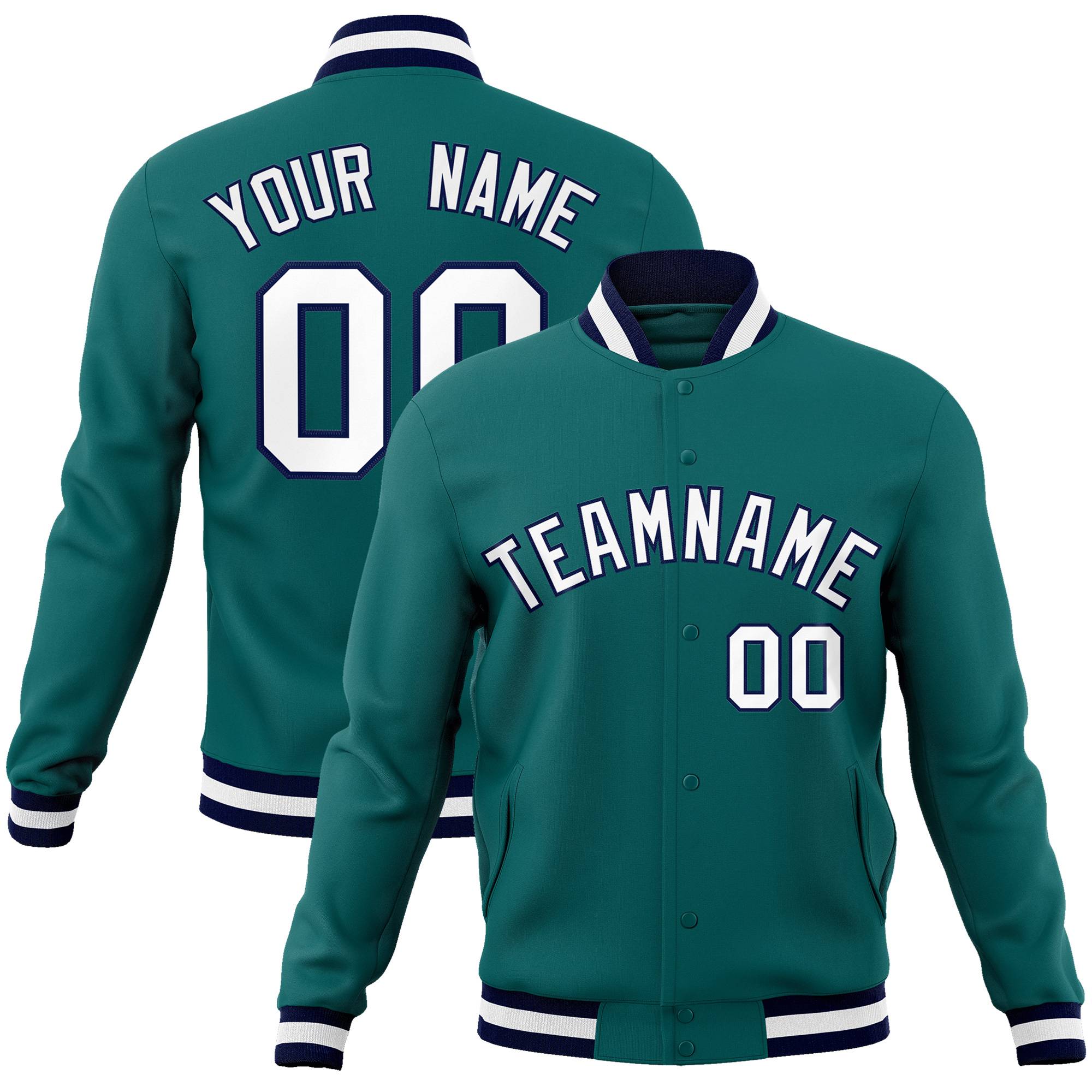 Custom Aqua- White-Navy Bomber Full-Snap Varsity Letterman Jacket