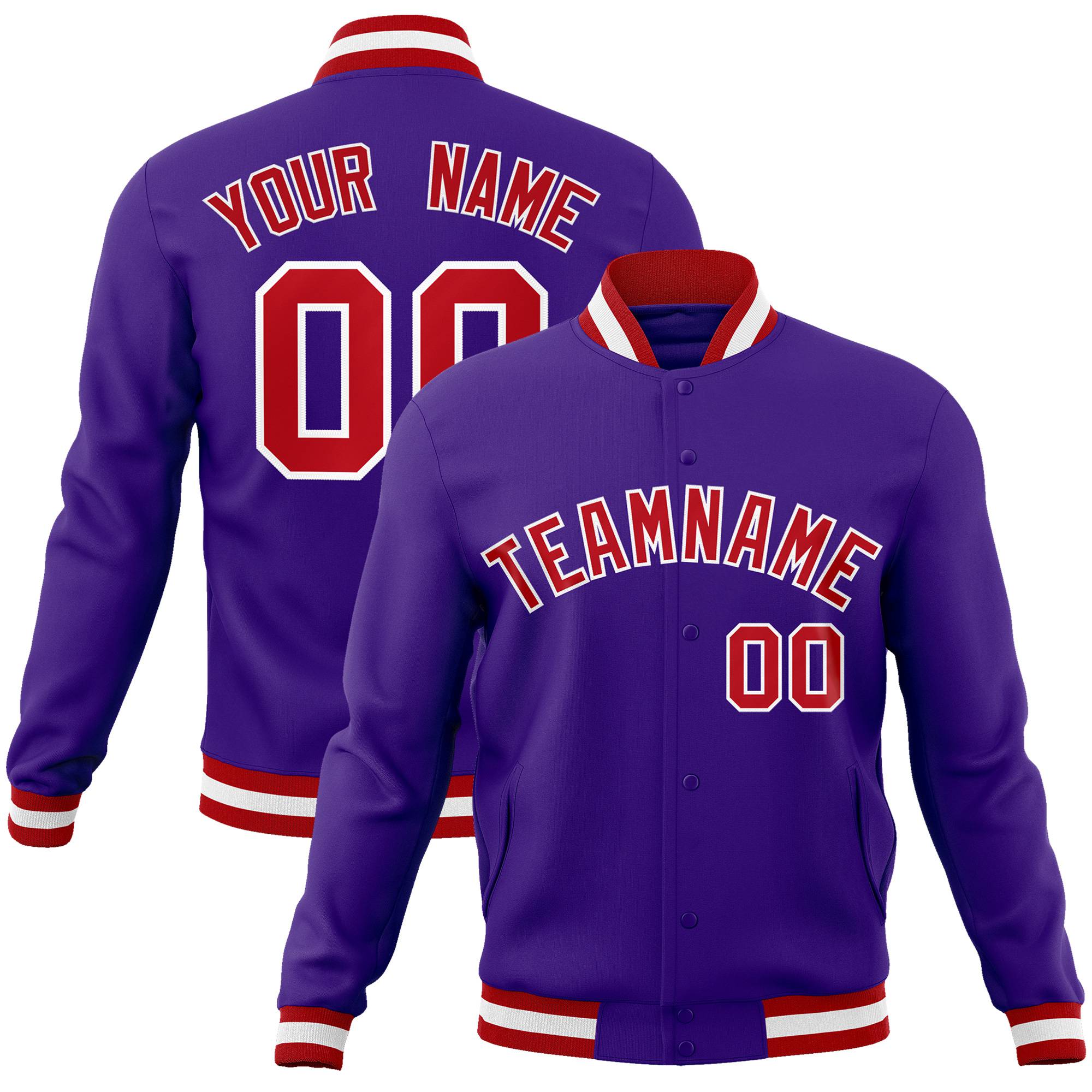 Custom Purple- Red-White Bomber Full-Snap Varsity Letterman Jacket