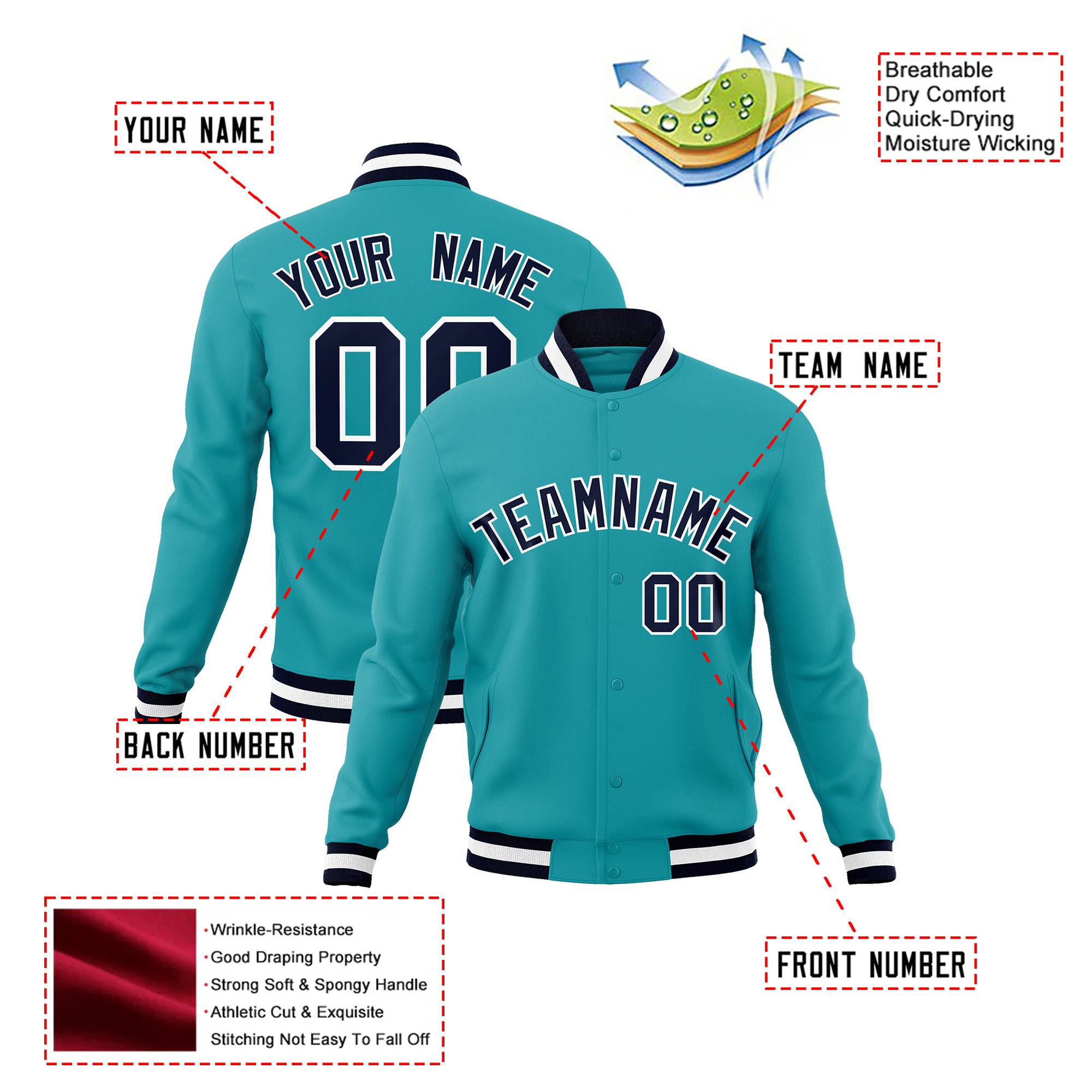 Custom Aqua-Navy-White Bomber Full-Snap Varsity Letterman Jacket