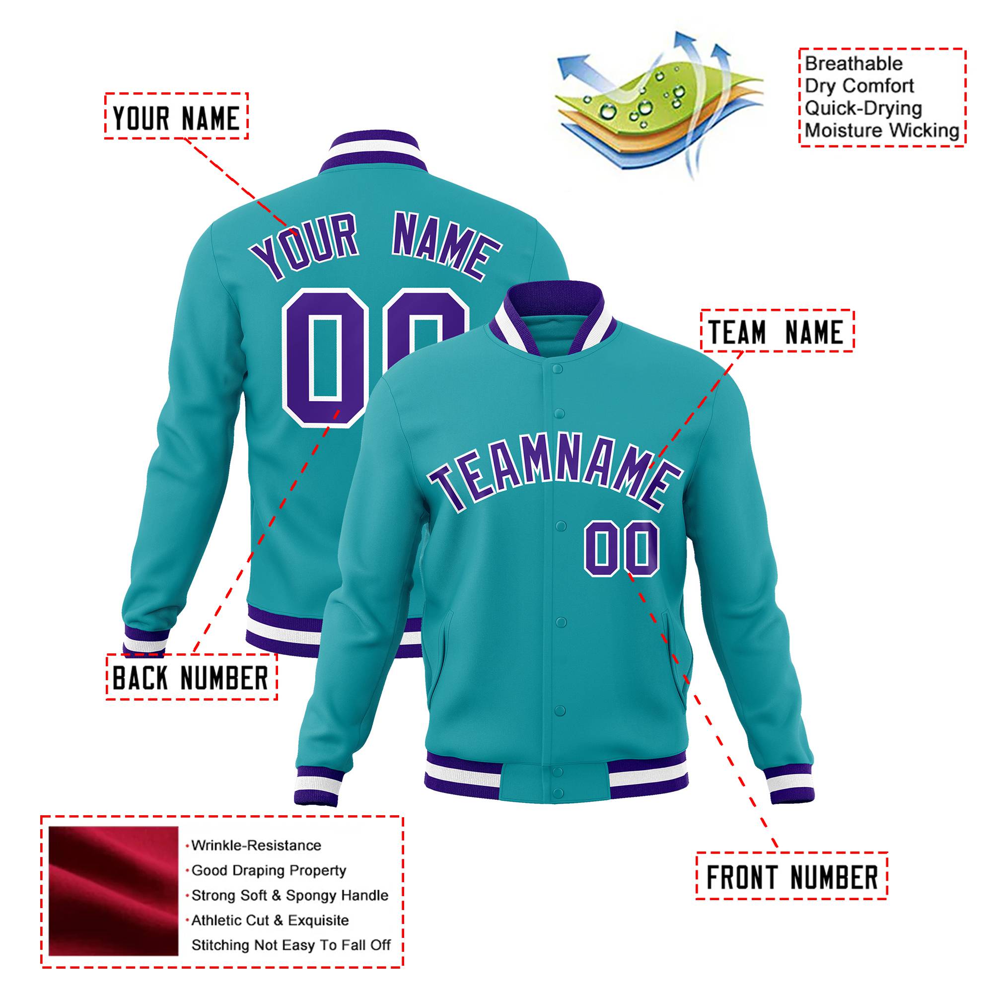 Custom Aqua- Purple-White Bomber Full-Snap Varsity Letterman Jacket