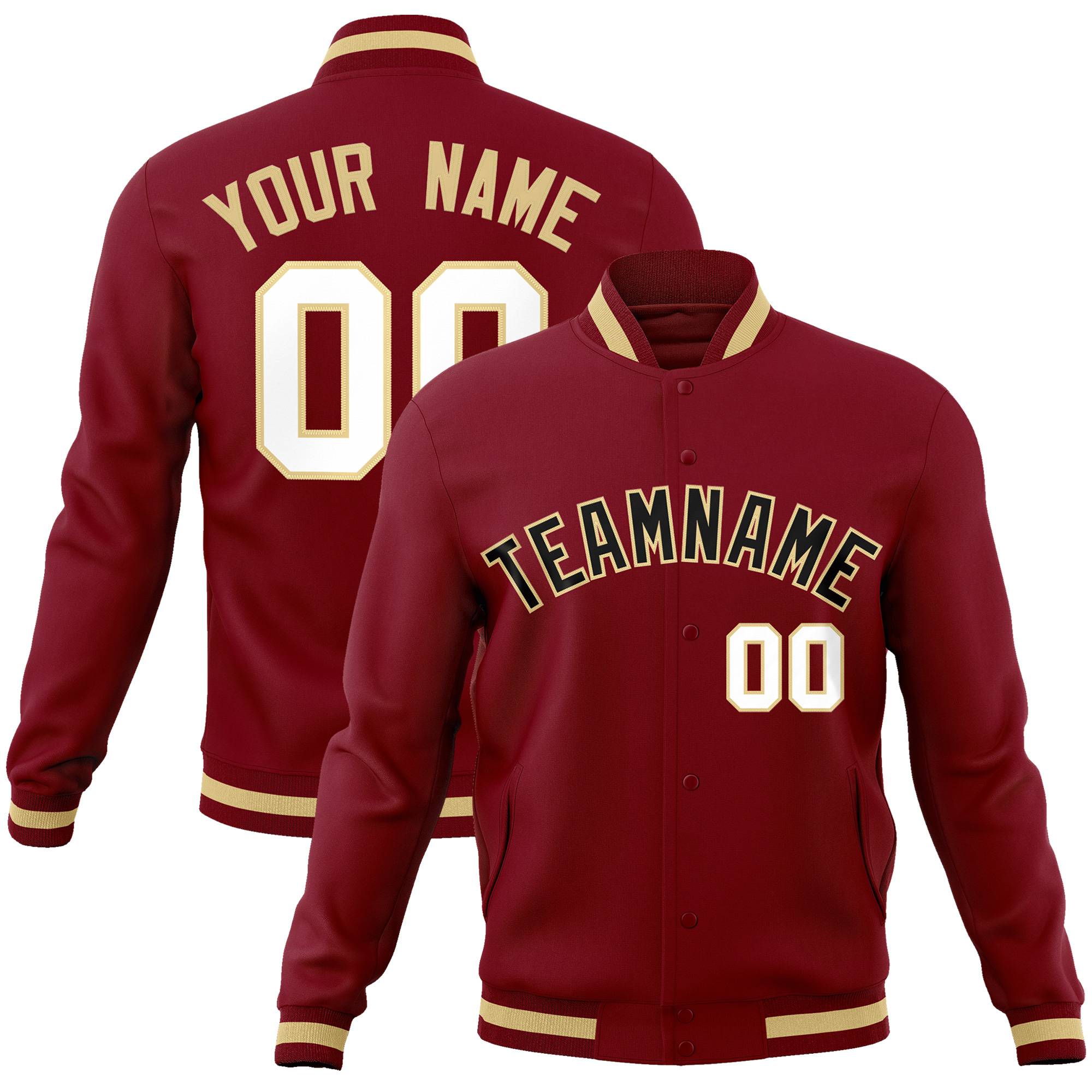 Custom Crimson-Khaki-White Bomber Full-Snap Varsity Letterman Jacket