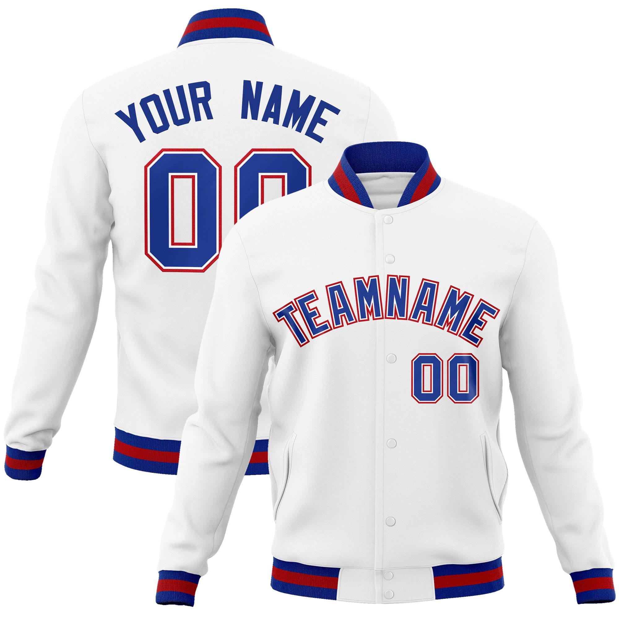 Custom White-Royal Blue-Red Bomber Full-Snap Varsity Letterman Jacket