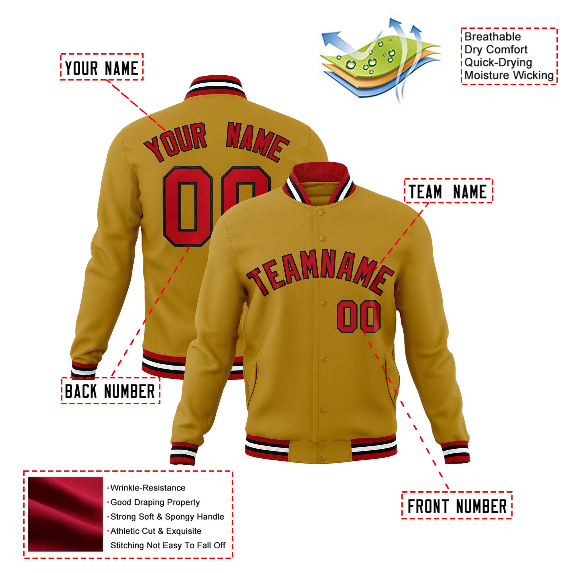 Custom Gold- Red-White Bomber Full-Snap Varsity Letterman Jacket