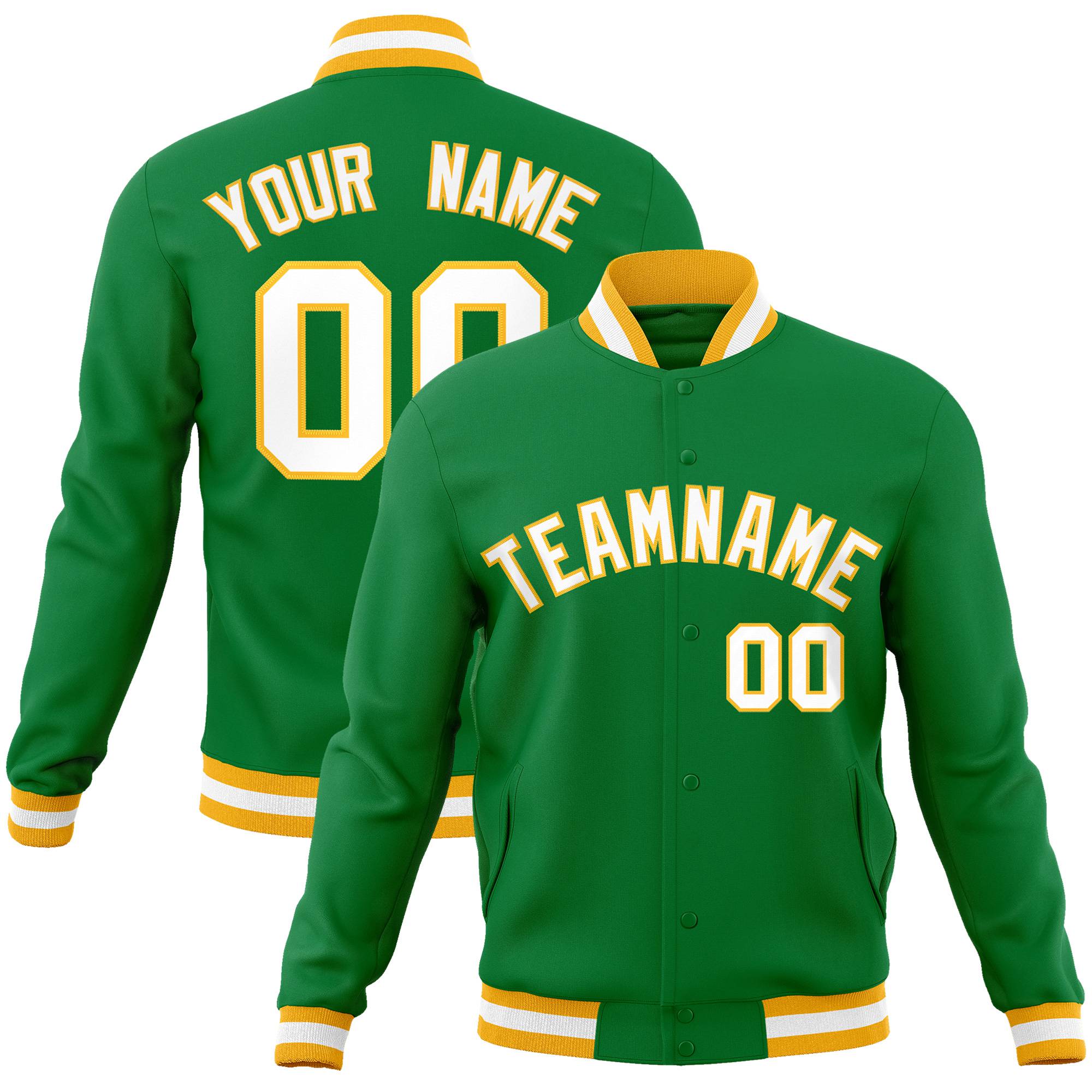 Custom Kelly Green- White-Gold Bomber Full-Snap Varsity Letterman Jacket