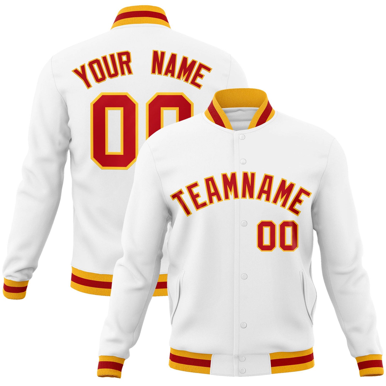 Custom White- Orange-Gold Bomber Full-Snap Varsity Letterman Jacket