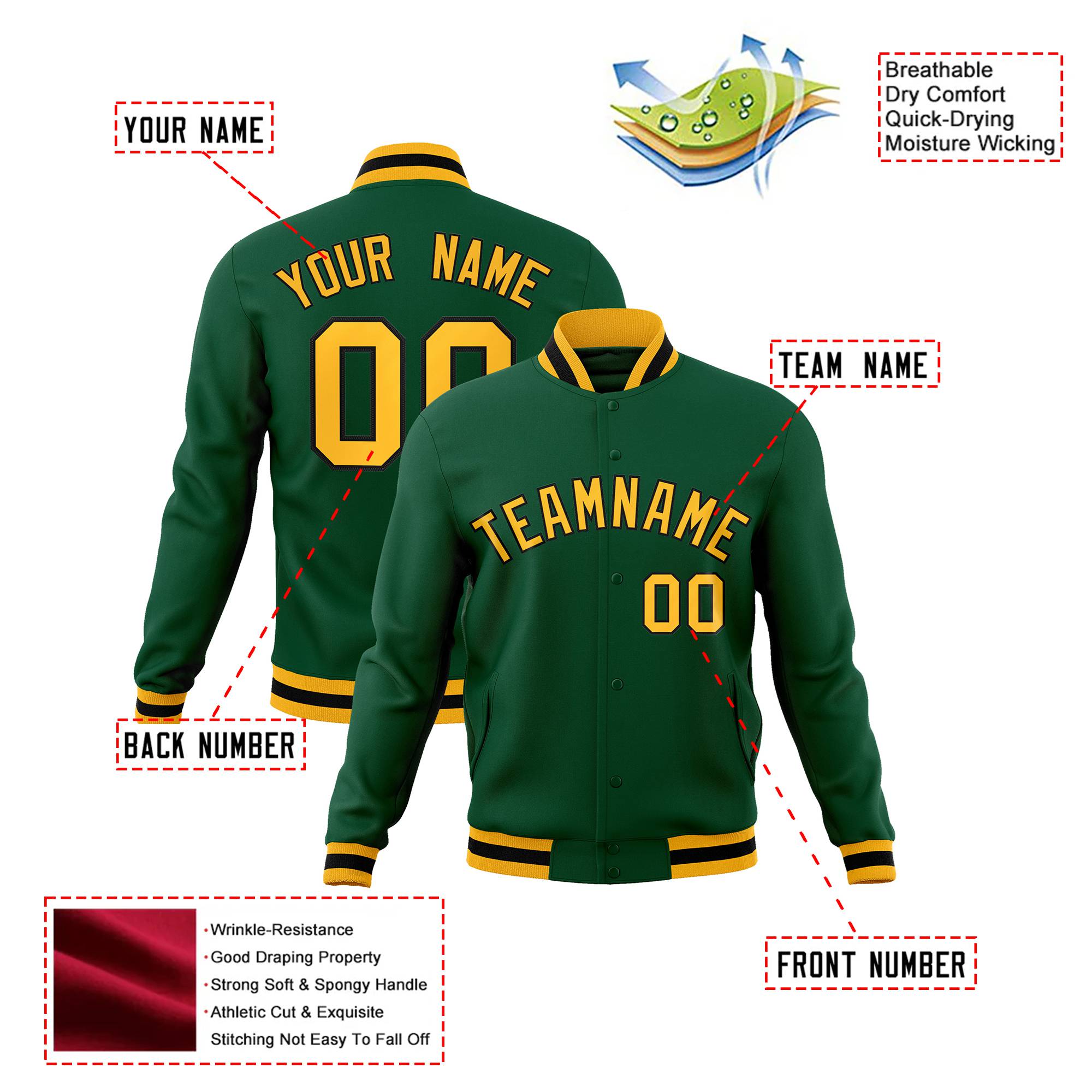 Custom Midnight-Green Yellow-Black Bomber Full-Snap Varsity Letterman Jacket