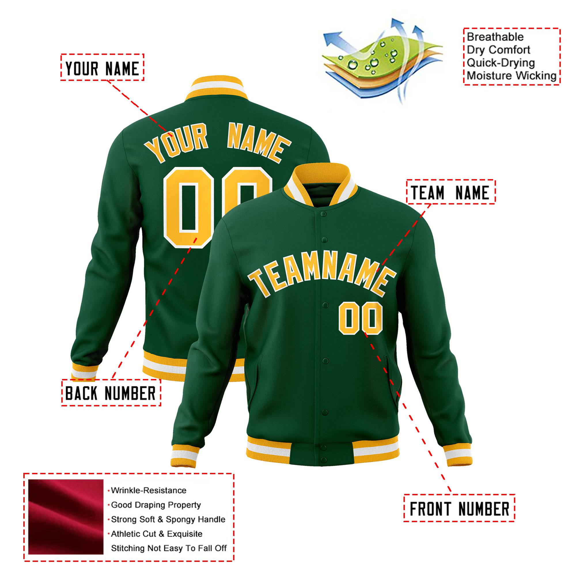 Custom Midnight Green- Yellow-White Bomber Full-Snap Varsity Letterman Jacket