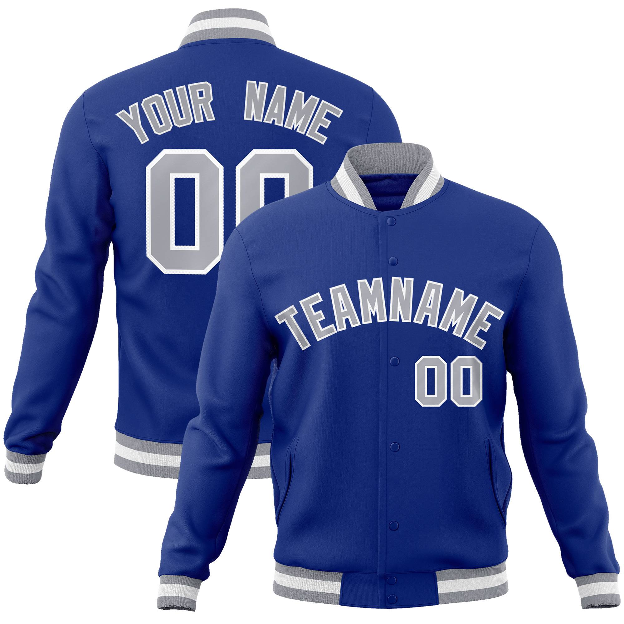 Custom Royal Blue- Gray-White Bomber Full-Snap Varsity Letterman Jacket