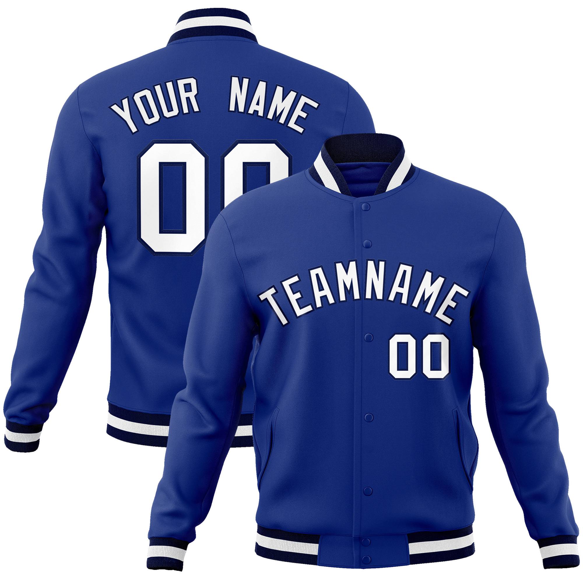 Custom Royal Blue- White-Black Bomber Full-Snap Varsity Letterman Jacket