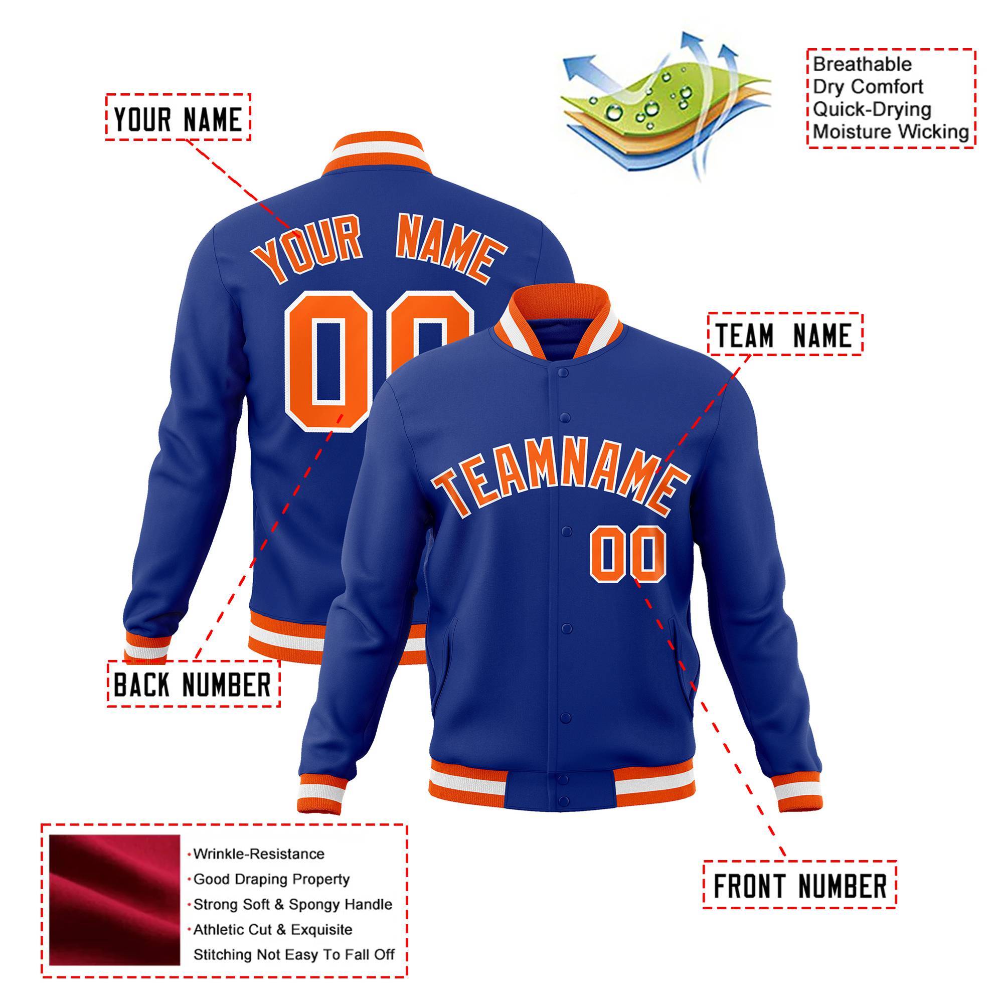 Custom Royal Blue- Orange-White Bomber Full-Snap Varsity Letterman Jacket