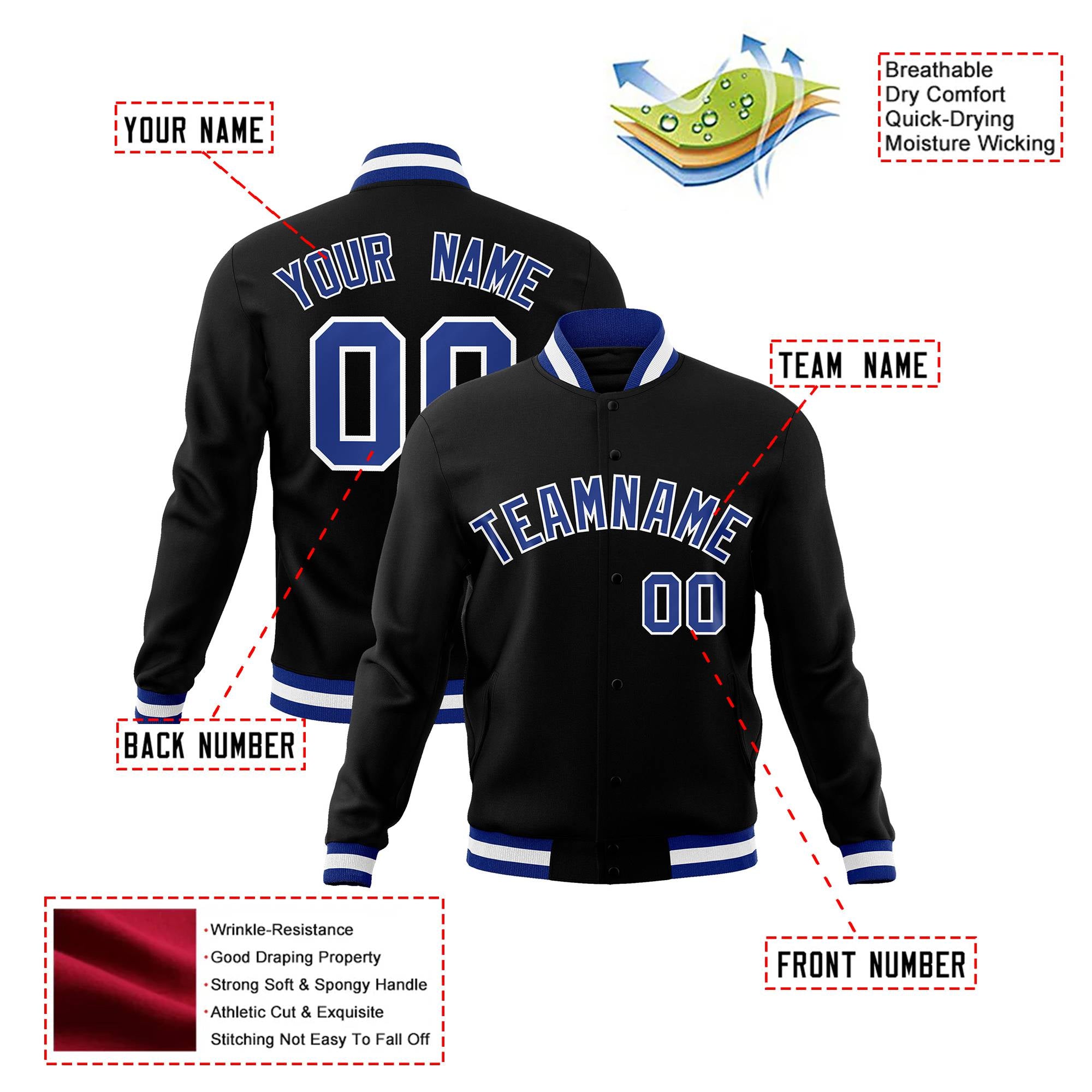 Custom Black-Royal Blue-White Bomber Full-Snap Varsity Letterman Jacket