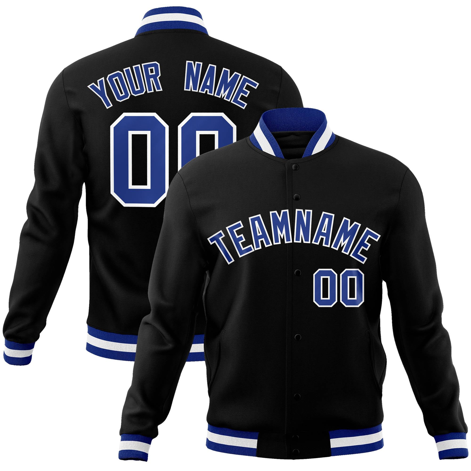 Custom Black-Royal Blue-White Bomber Full-Snap Varsity Letterman Jacket