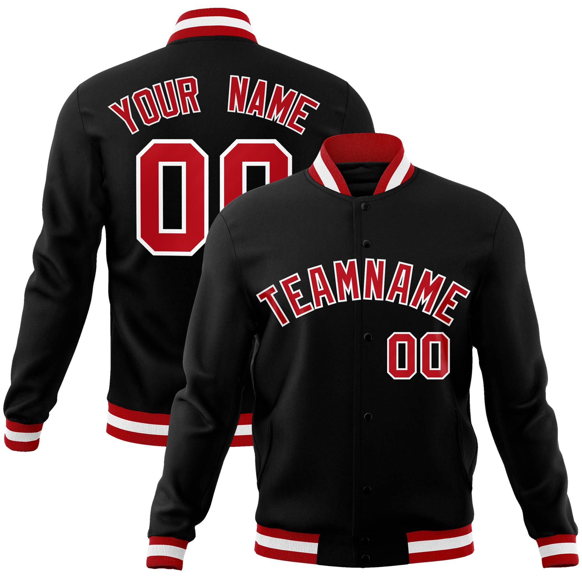 Custom Black- Red-White Bomber Full-Snap Varsity Letterman Jacket