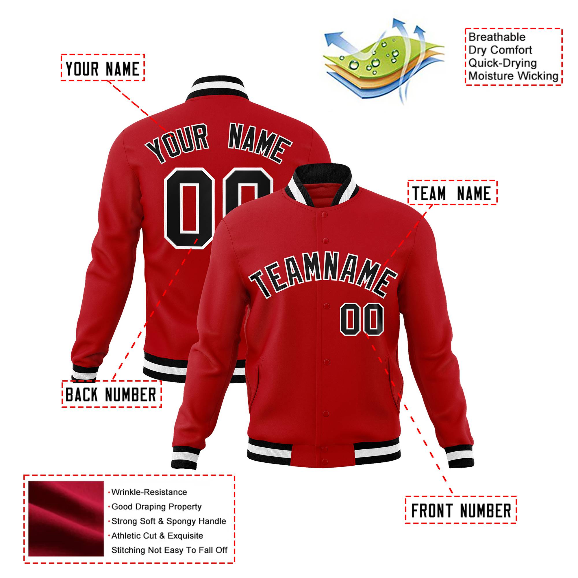 Custom Red-Black-White Bomber Full-Snap Varsity Letterman Jacket